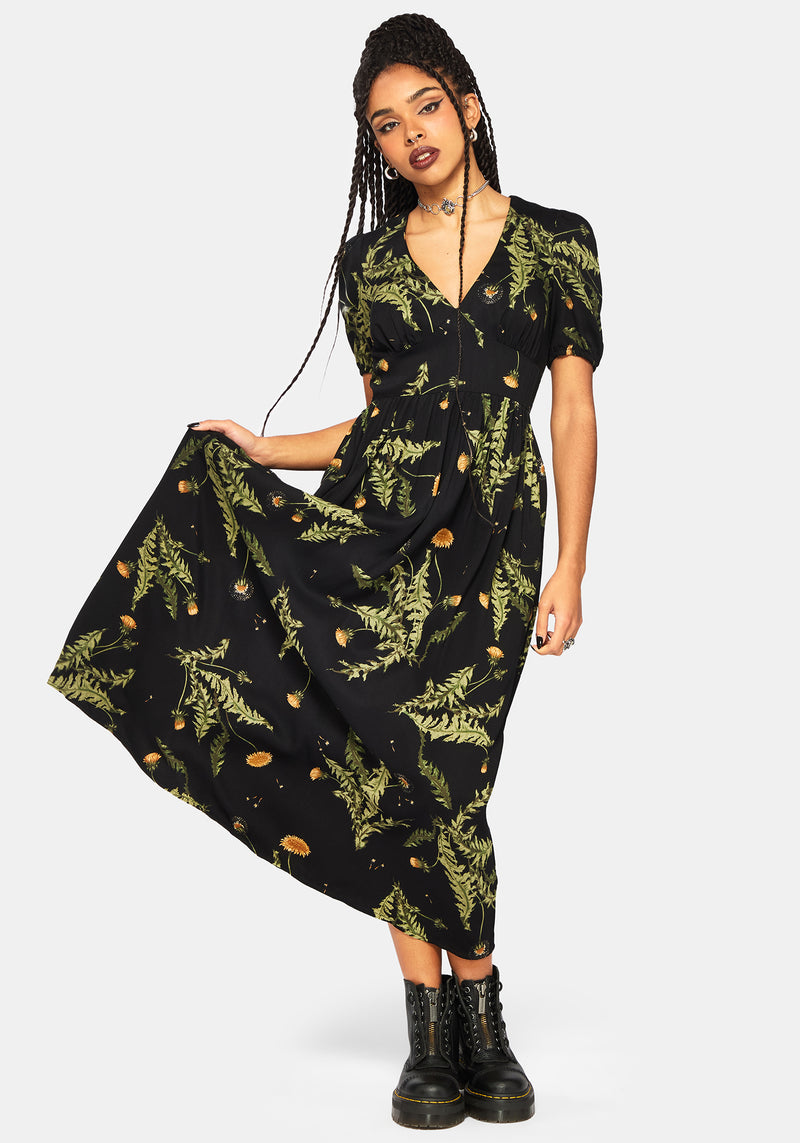 Cimora Dandelion Print Puff Sleeve Maxi Dress