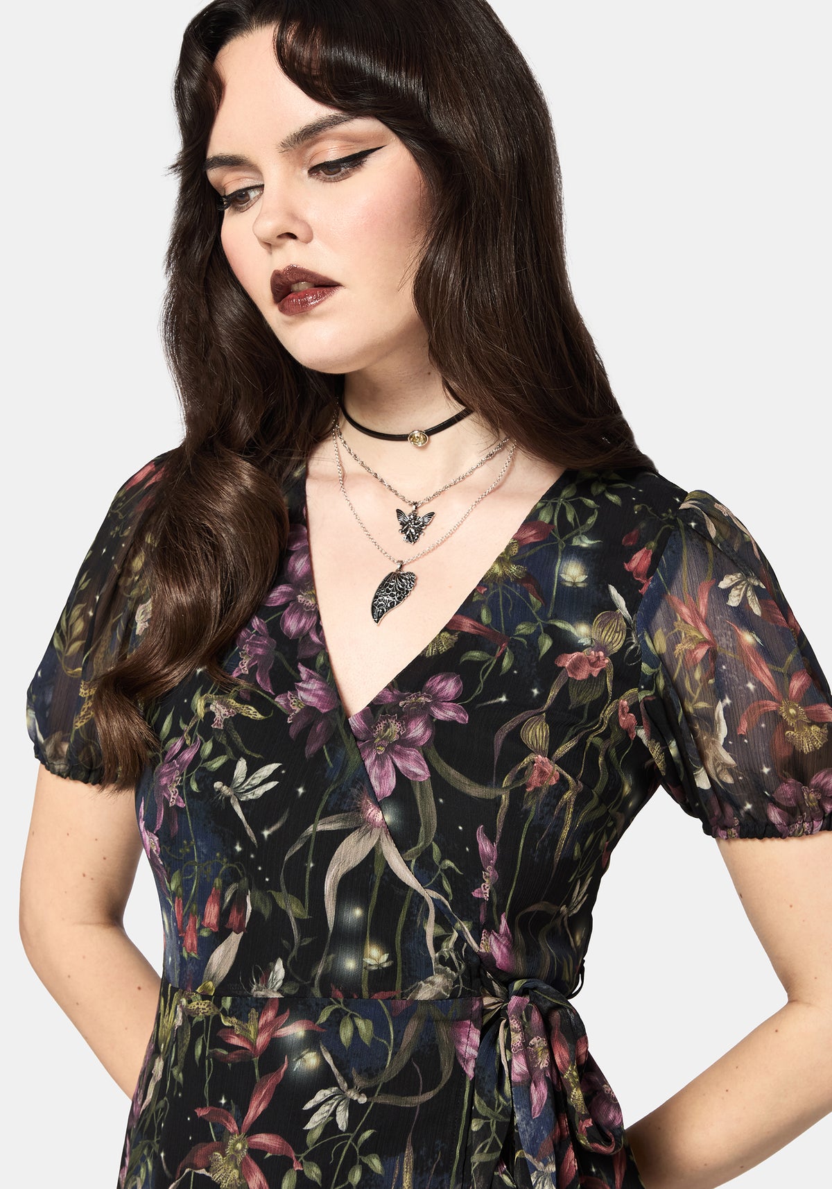 Elide Schwarz Orchidee Wickel Midaxi Kleid