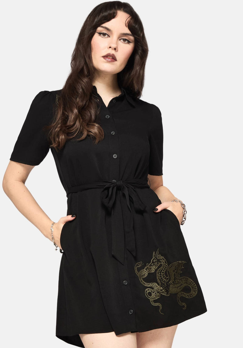Isara Dragon Embroidered Mini Shirt Dress