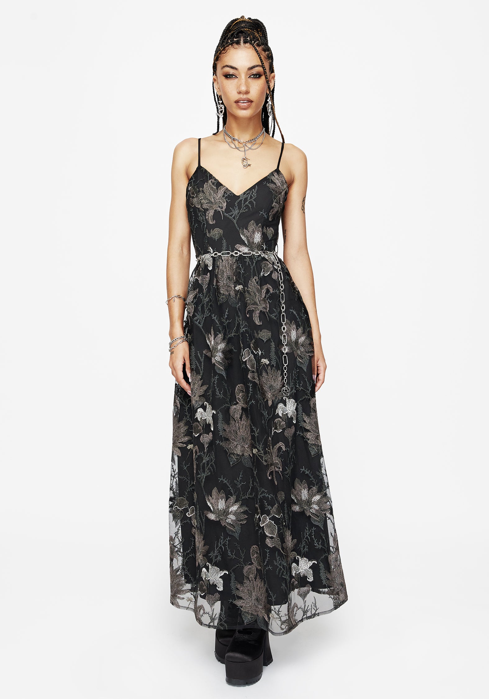 Estrid Bestickt Mesh Midaxi Cami Kleid - Silber