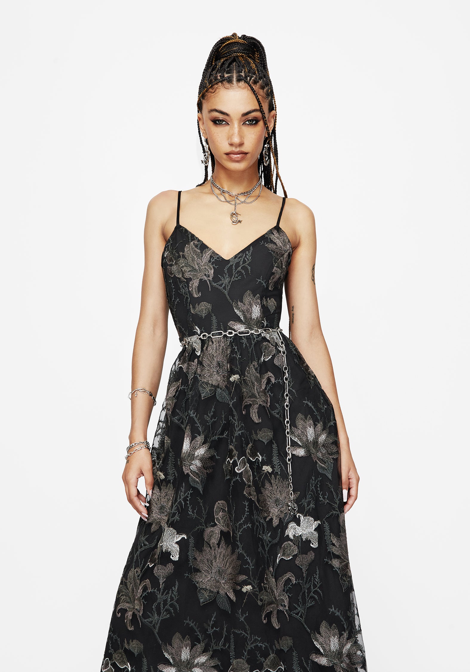Estrid Bestickt Mesh Midaxi Cami Kleid - Silber