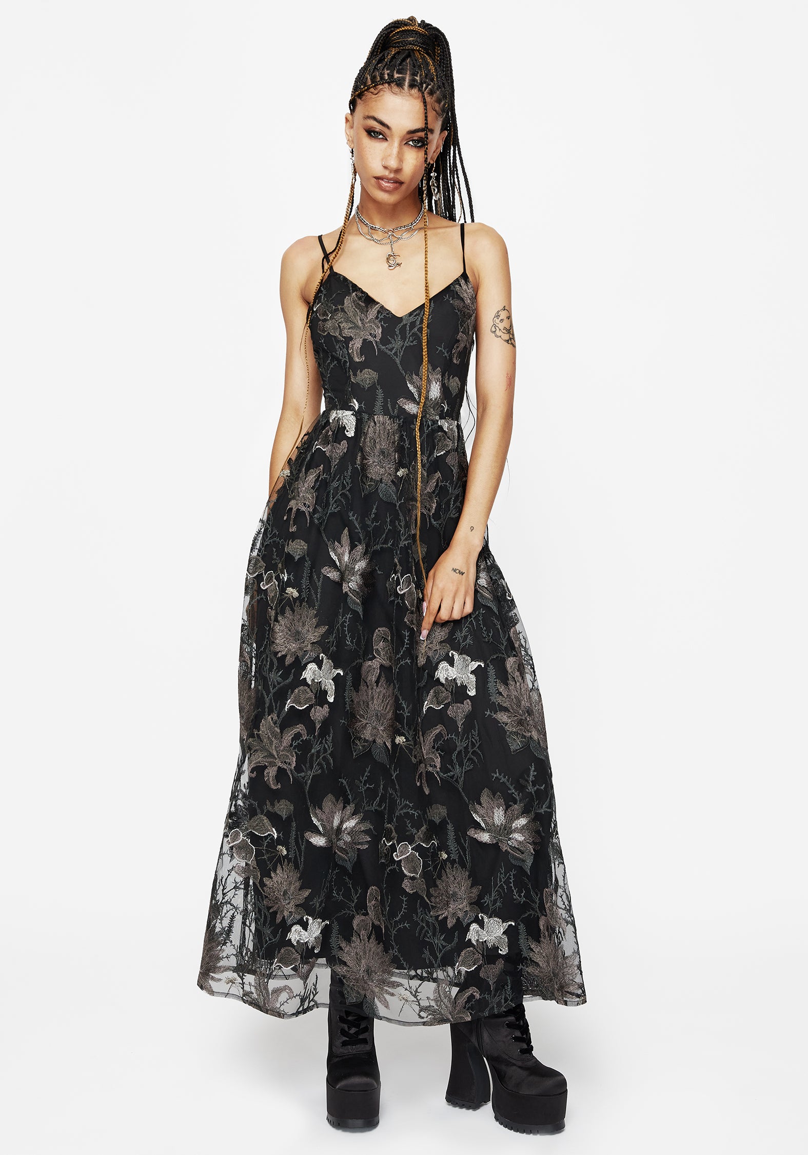 Estrid Bestickt Mesh Midaxi Cami Kleid - Silber