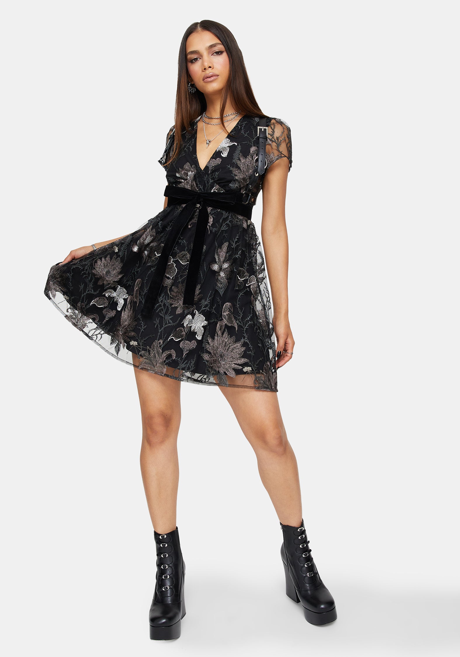 Estrid Bestickt Mesh Flöte Ärmel Mini Kleid - Silber