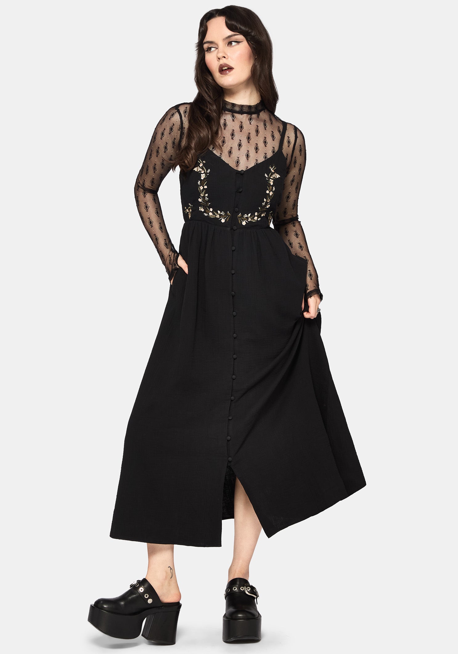 Überfluss Baumwolle Blumenmuster Bestickt Mieder Cami Midaxi Kleid - Schwarz