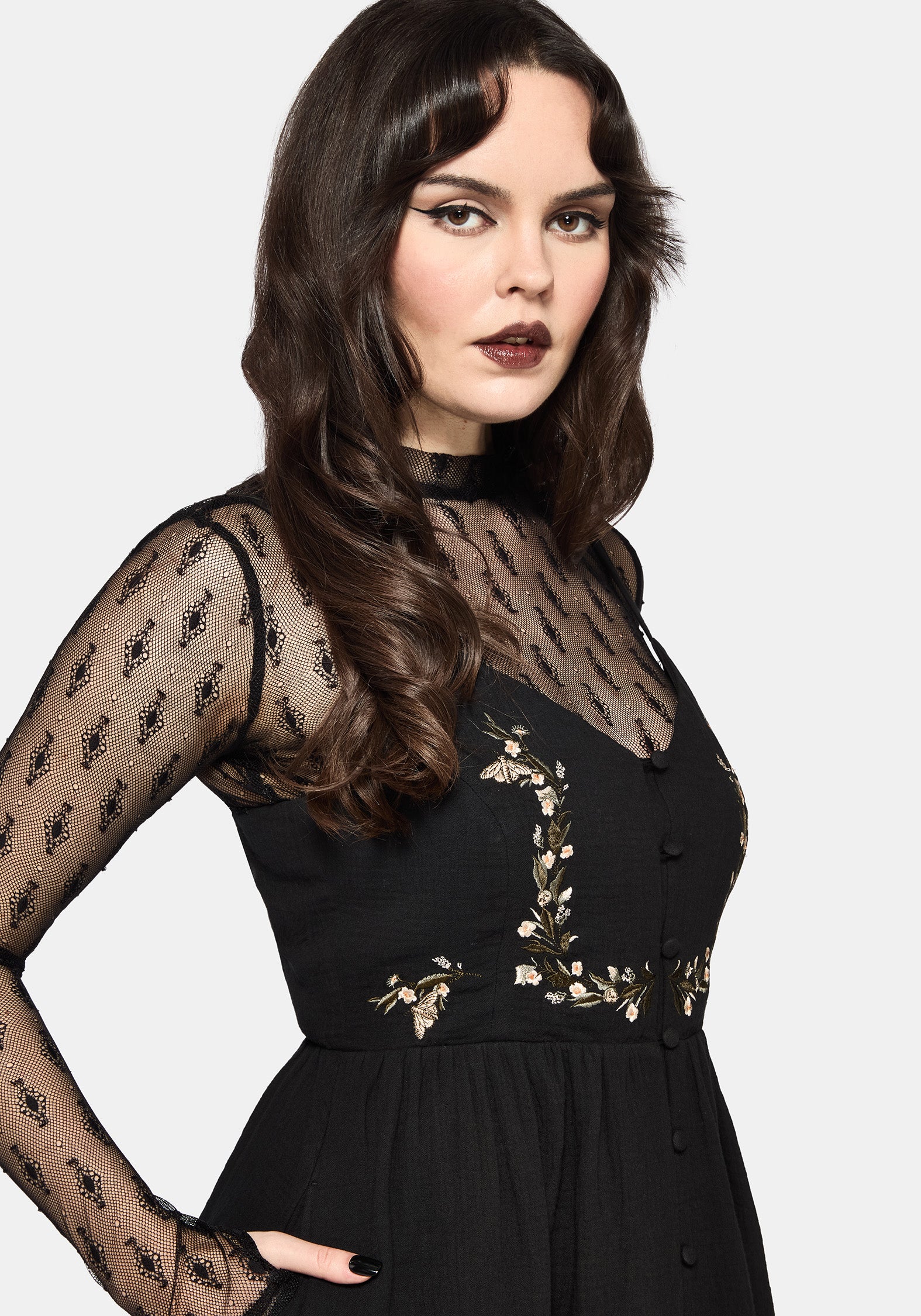 Überfluss Baumwolle Blumenmuster Bestickt Mieder Cami Midaxi Kleid - Schwarz