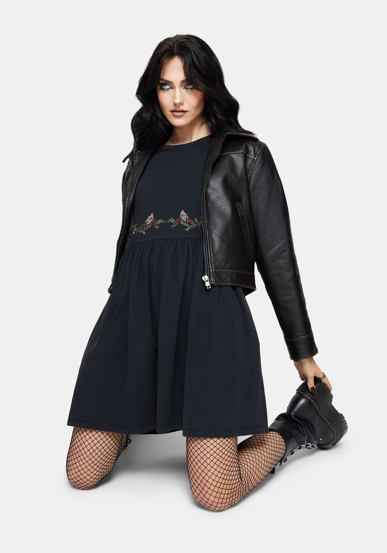 Winter Überfluss Bestickt Baumwolle Mini Skater Kleid