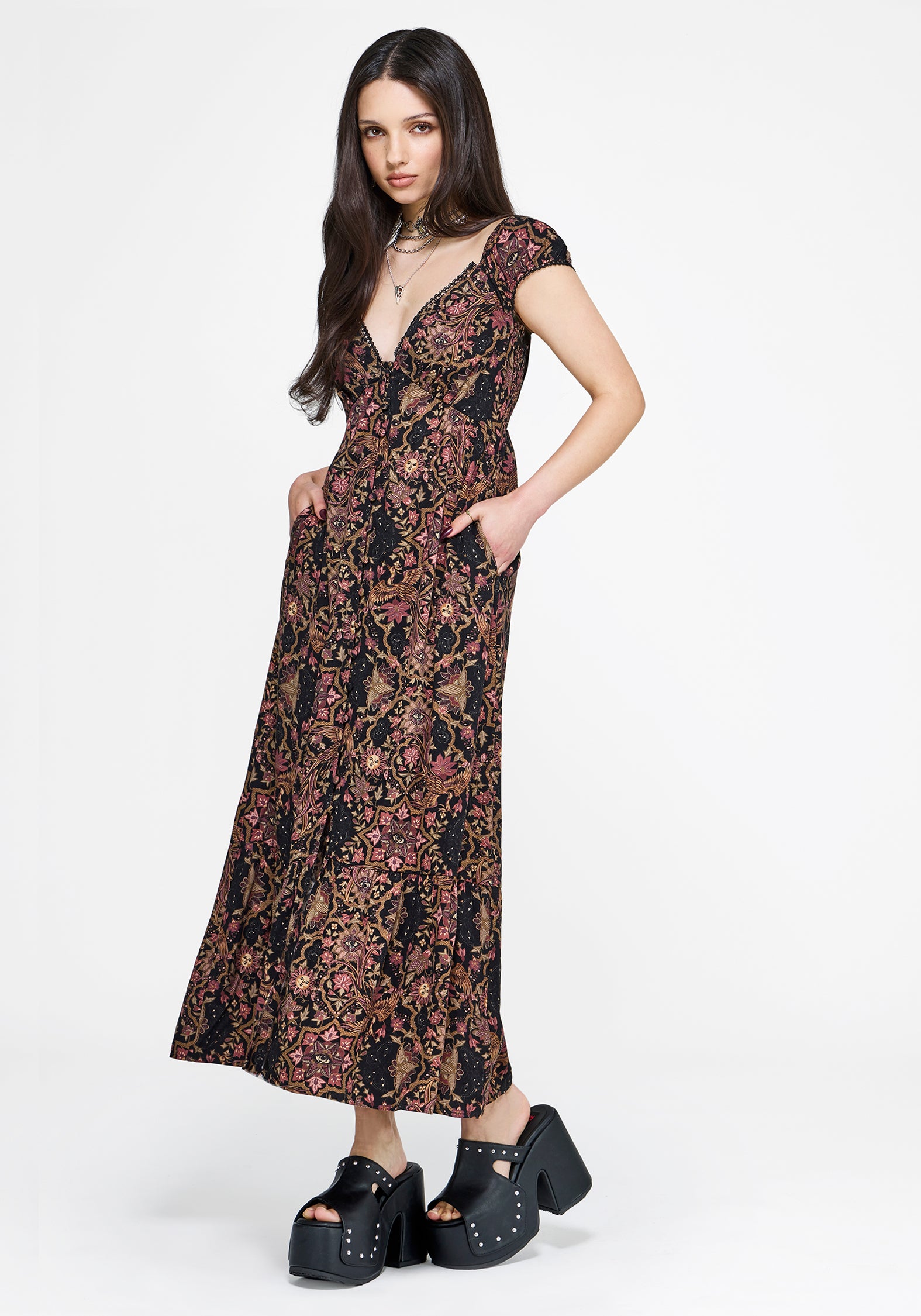 Mythos Druck Milkmaid Rüsche Midaxi Kleid
