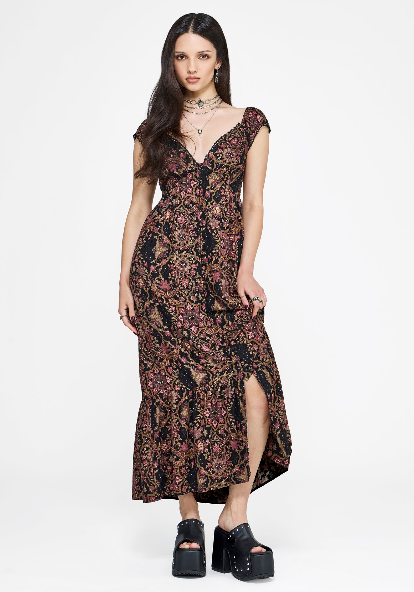 Mythos Druck Milkmaid Rüsche Midaxi Kleid