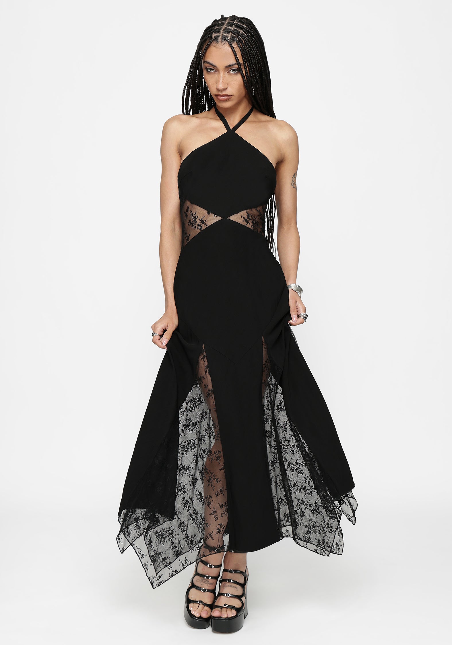 Endora Lace Side Panel Halterneck Maxi Dress