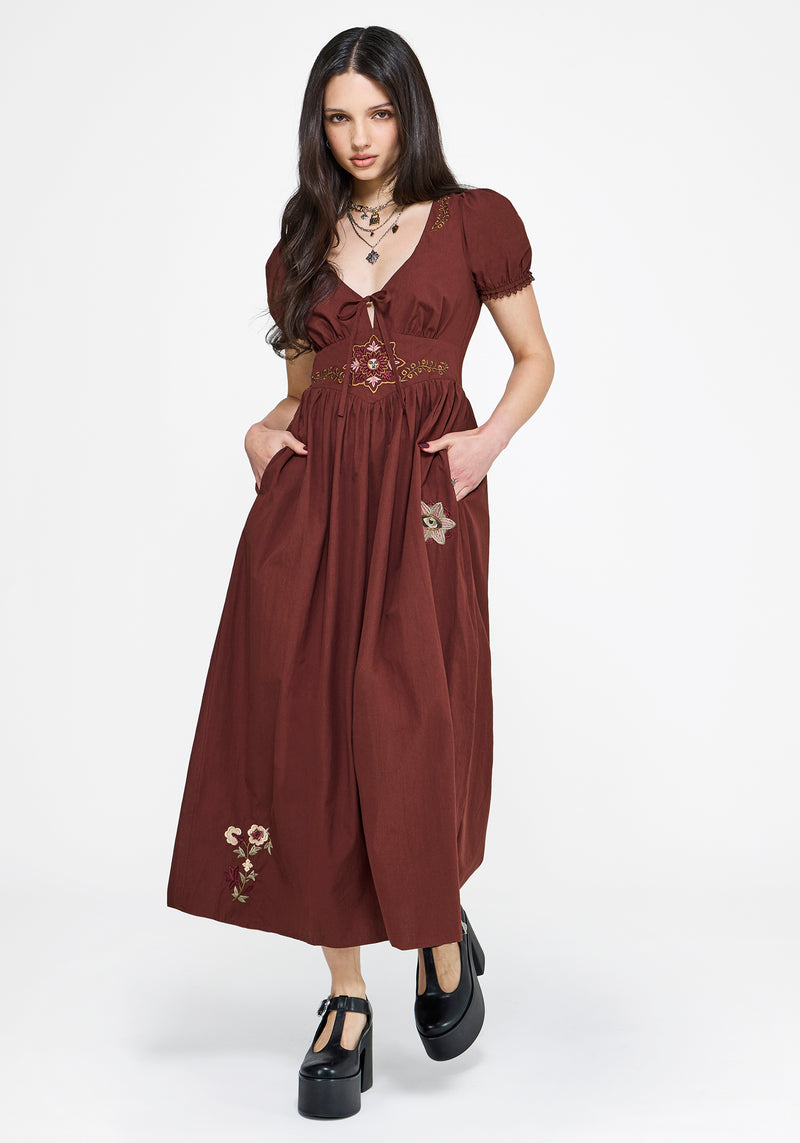 Arianwen Embroidered Puff Sleeve Midaxi Dress - Burgundy  Disturbia