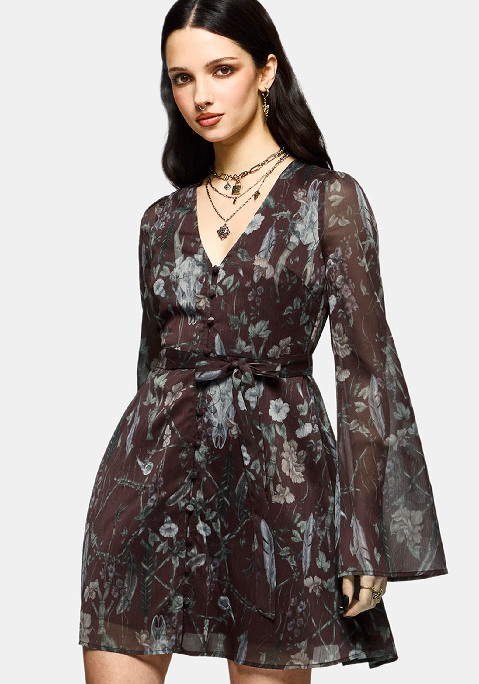 Dusha Garten Druck Knopf Hoch Chiffon Mini Kleid