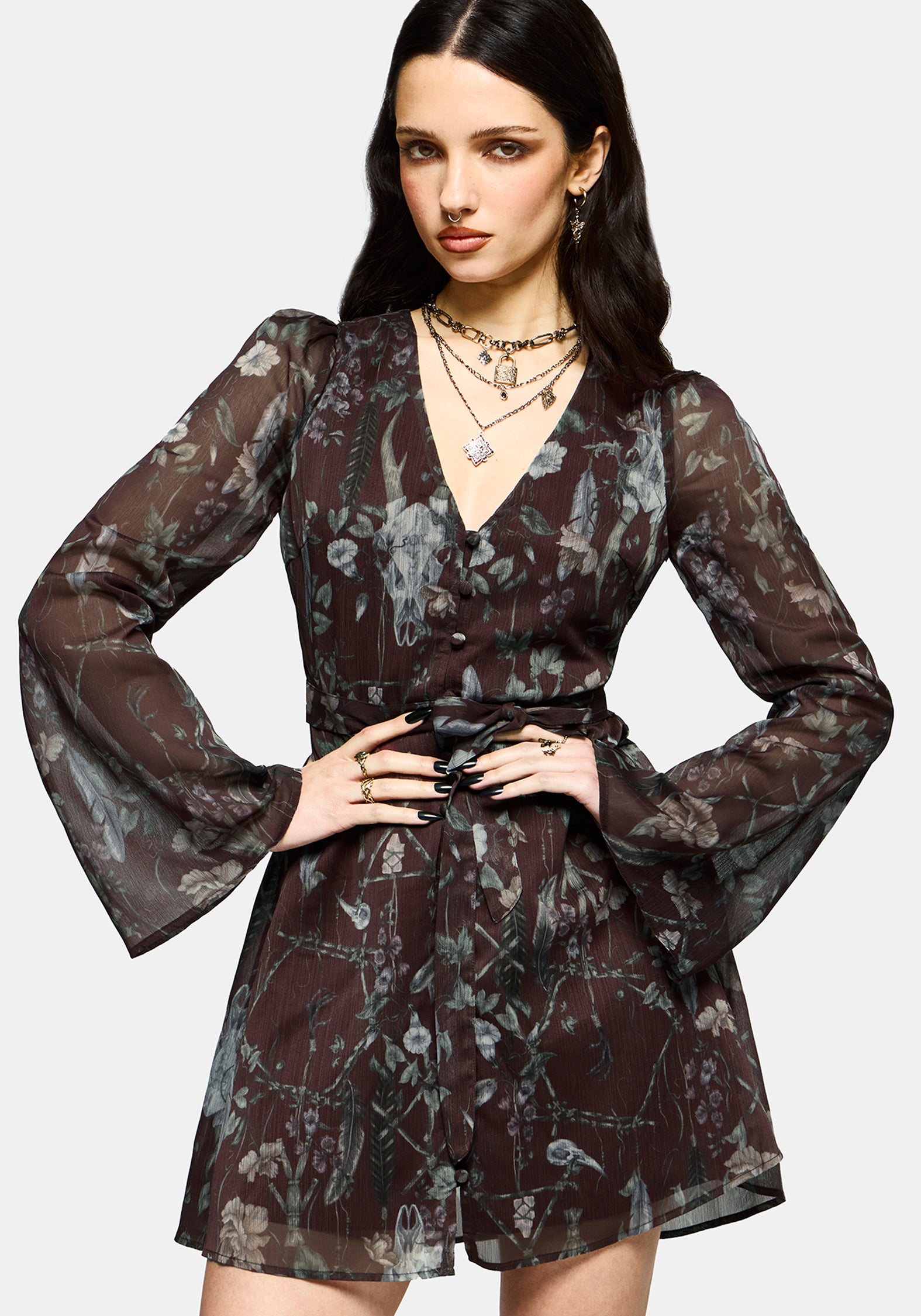 Dusha Garten Druck Knopf Hoch Chiffon Mini Kleid