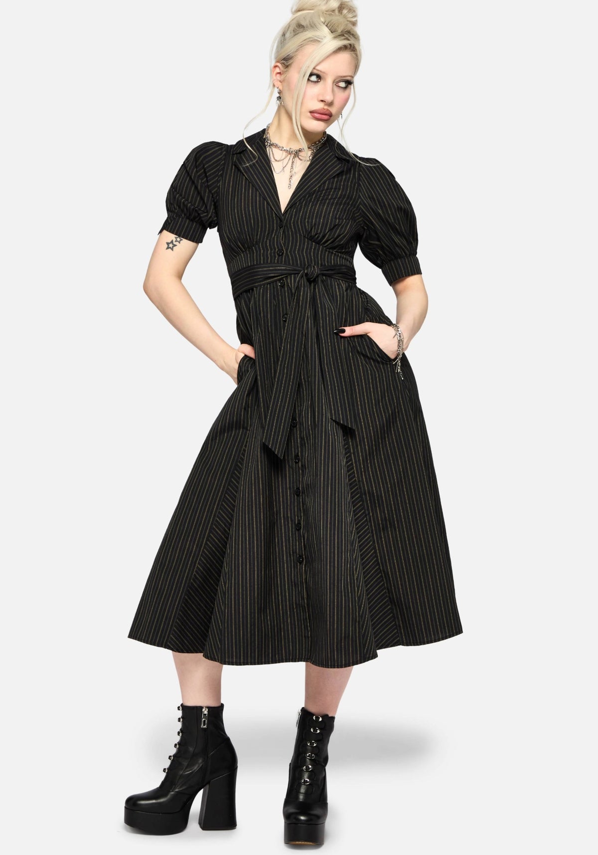 Jenna Streifen Baumwolle Krawatte Midi Kleid