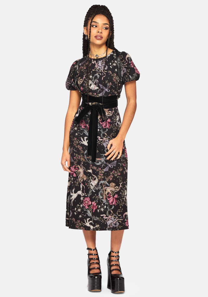 Merunicorn Enchanted Forest Print Puff Sleeve Midi Dress