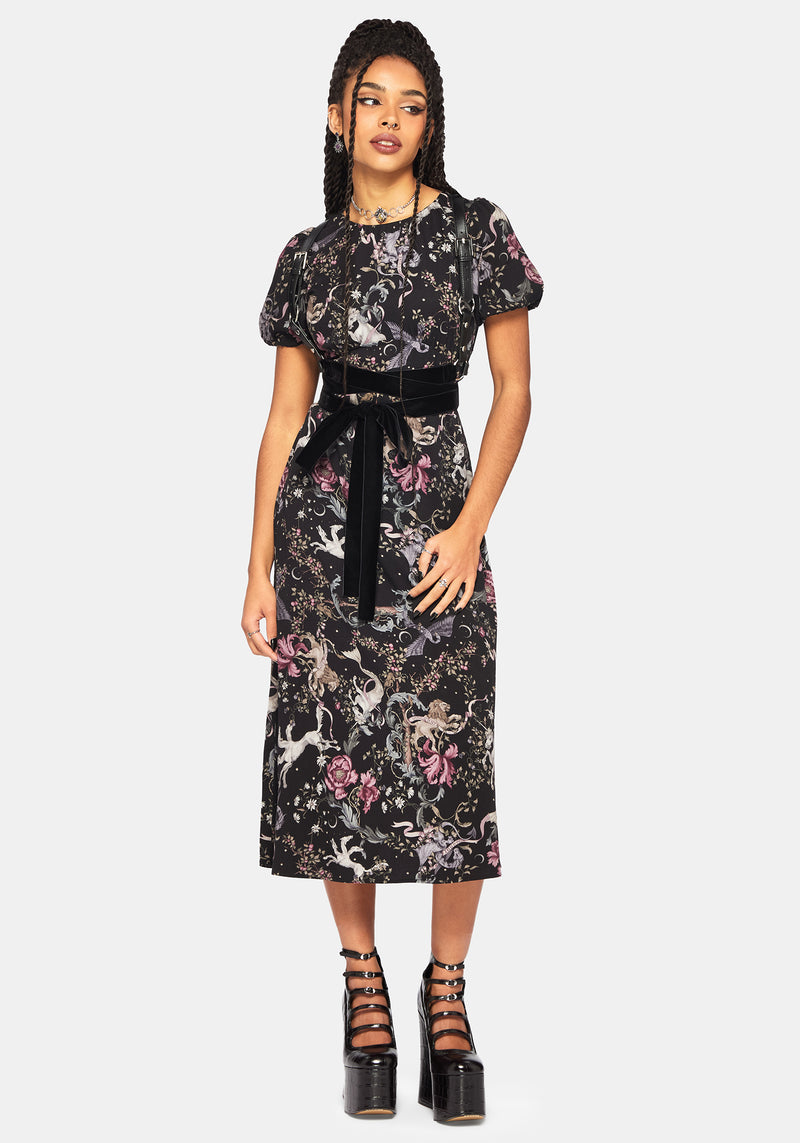 Merunicorn Enchanted Forest Print Puff Sleeve Midi Dress