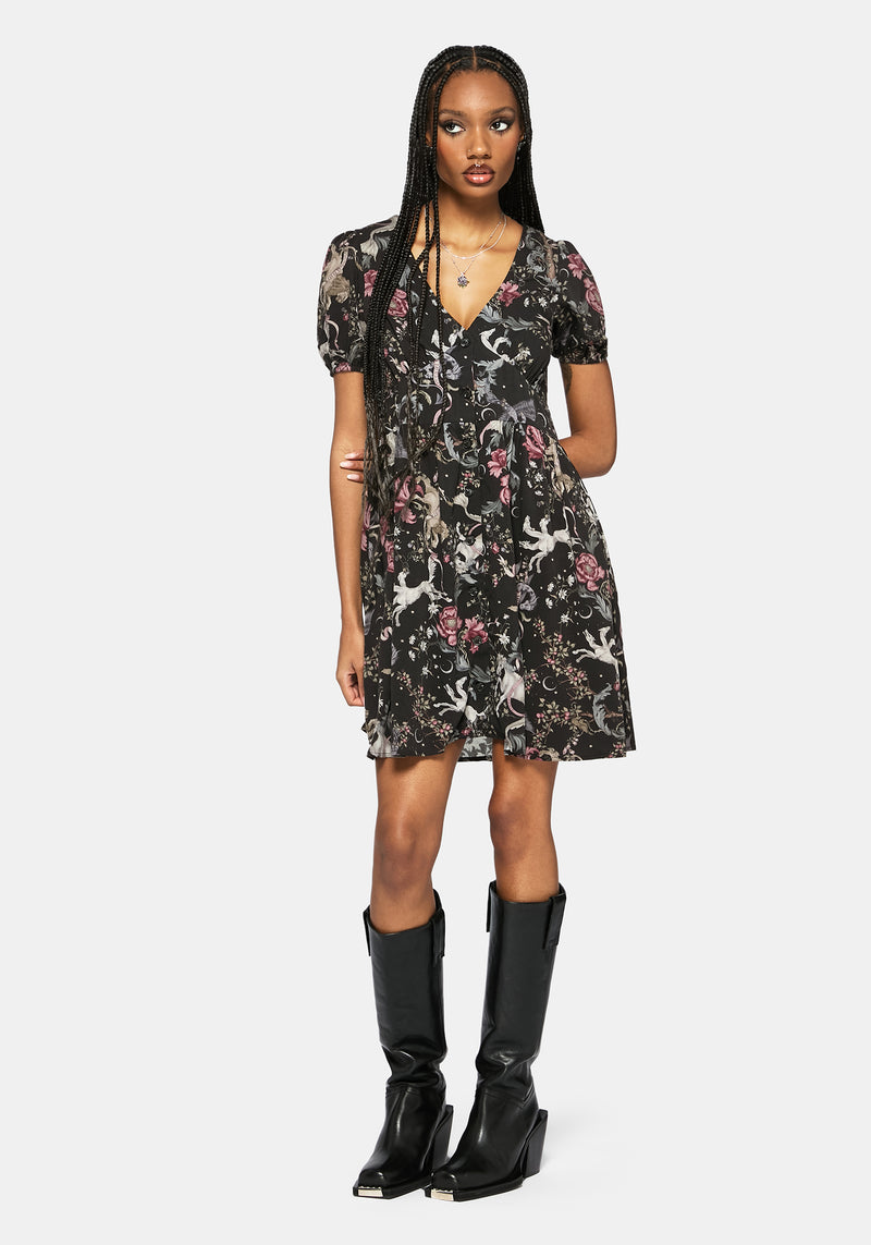 Merunicorn Enchanted Forest Print Button Up Mini Dress
