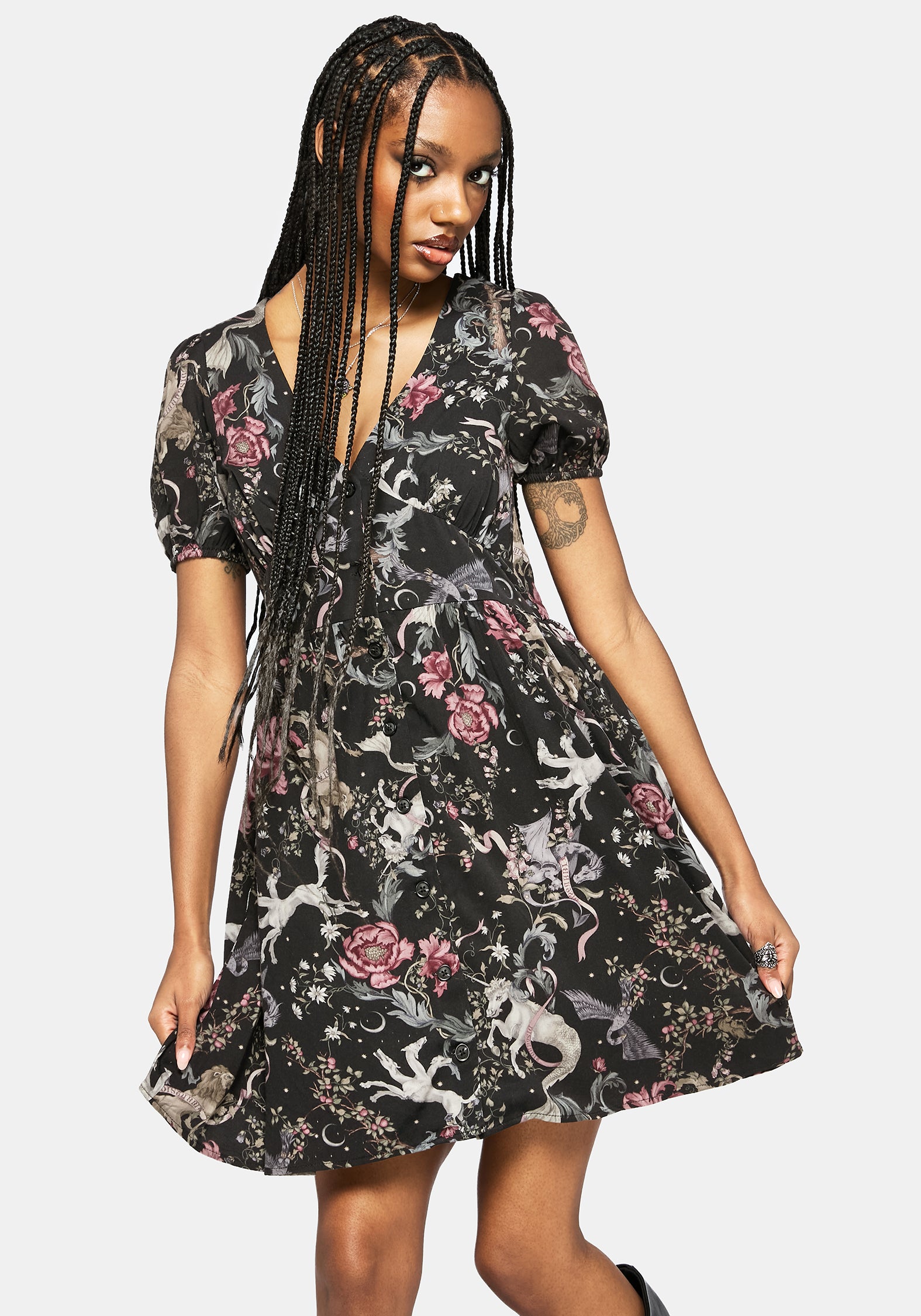 Merunicorn Enchanted Wald Druck Knopf Hoch Mini Kleid