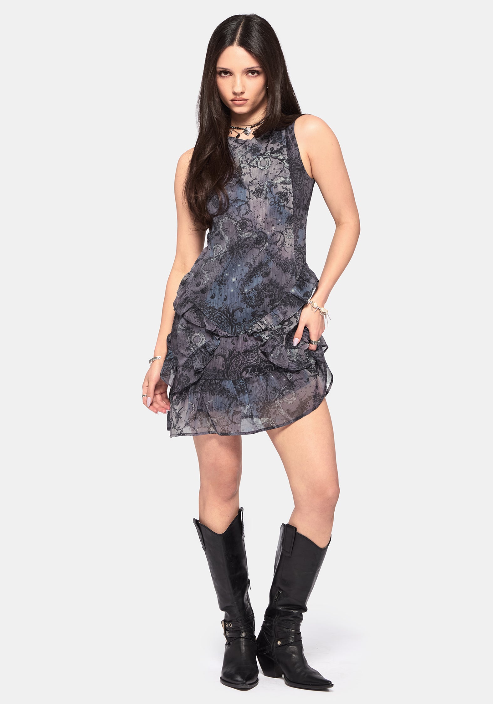 Gaia Celestial Print Chiffon Mini Dress – Disturbia