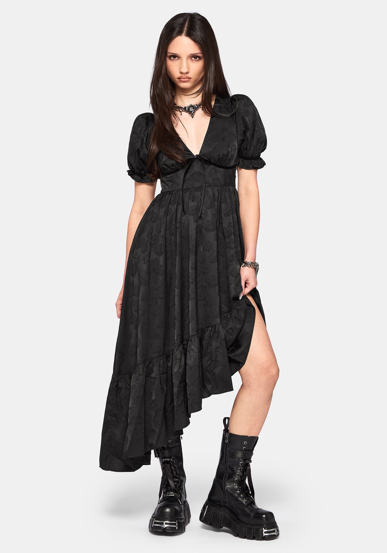 Elaria Jacquard Puff Sleeve Asymmetric High Low Midaxi Dress