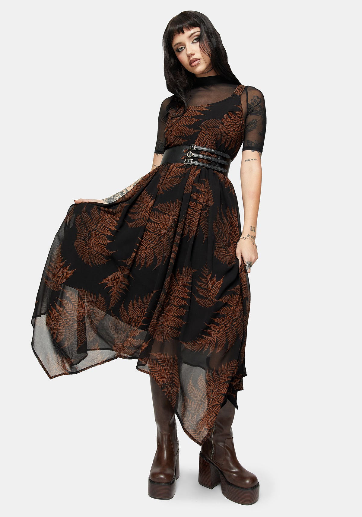 Ruin Farn Chiffon Taschentuch Saum Midaxi Kleid