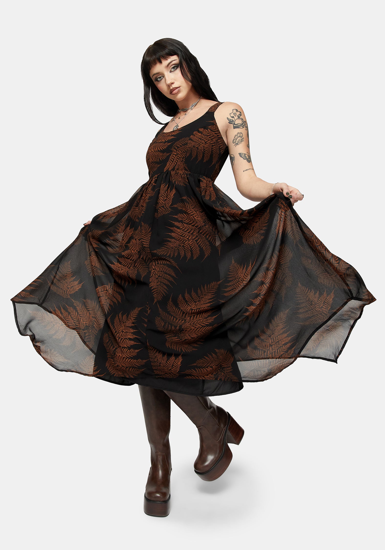 Ruin Fern Chiffon Handerkerchief Hem Midaxi Dress