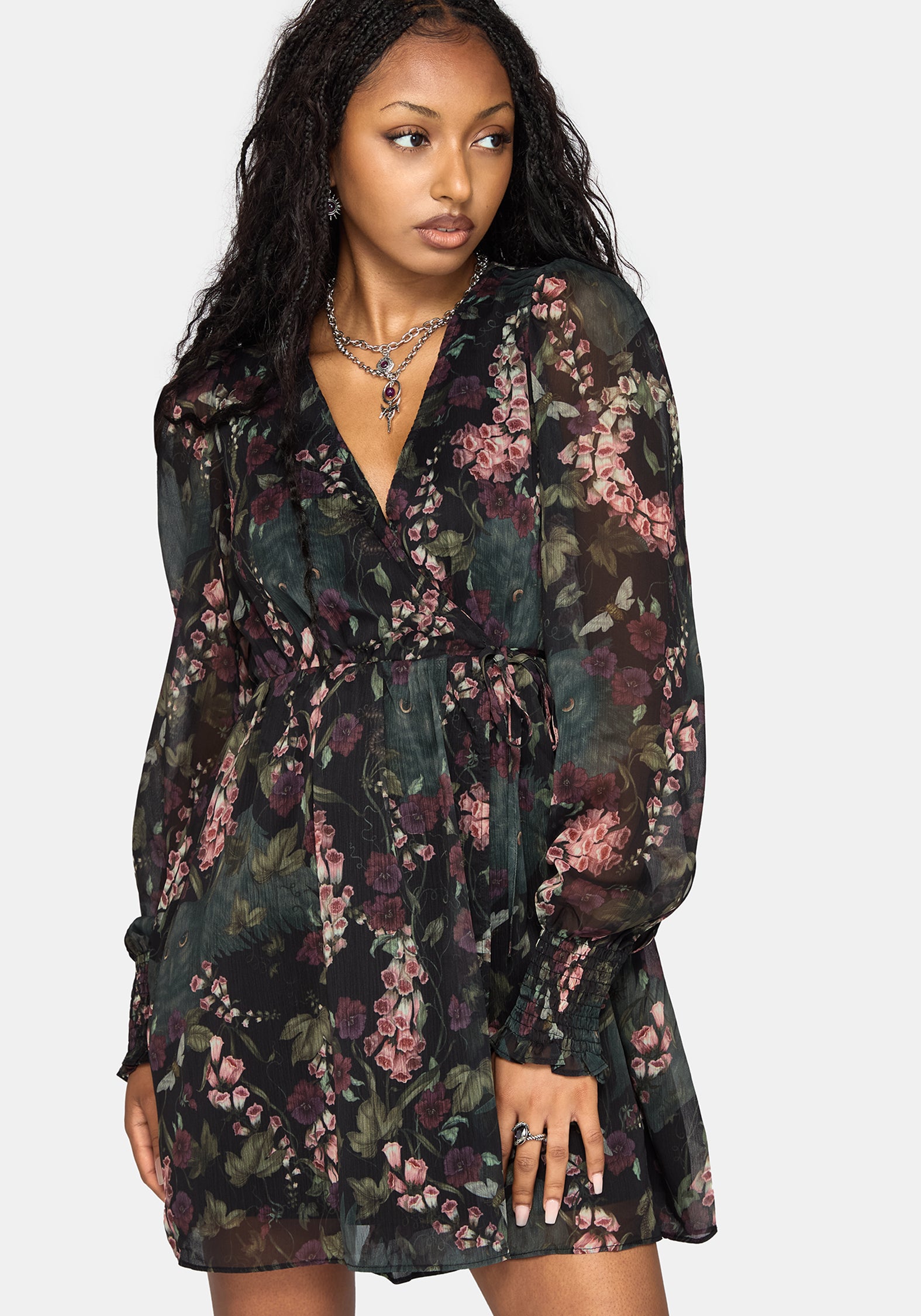 Noctua Chiffon Wrap Long Sleeve Mini Dress