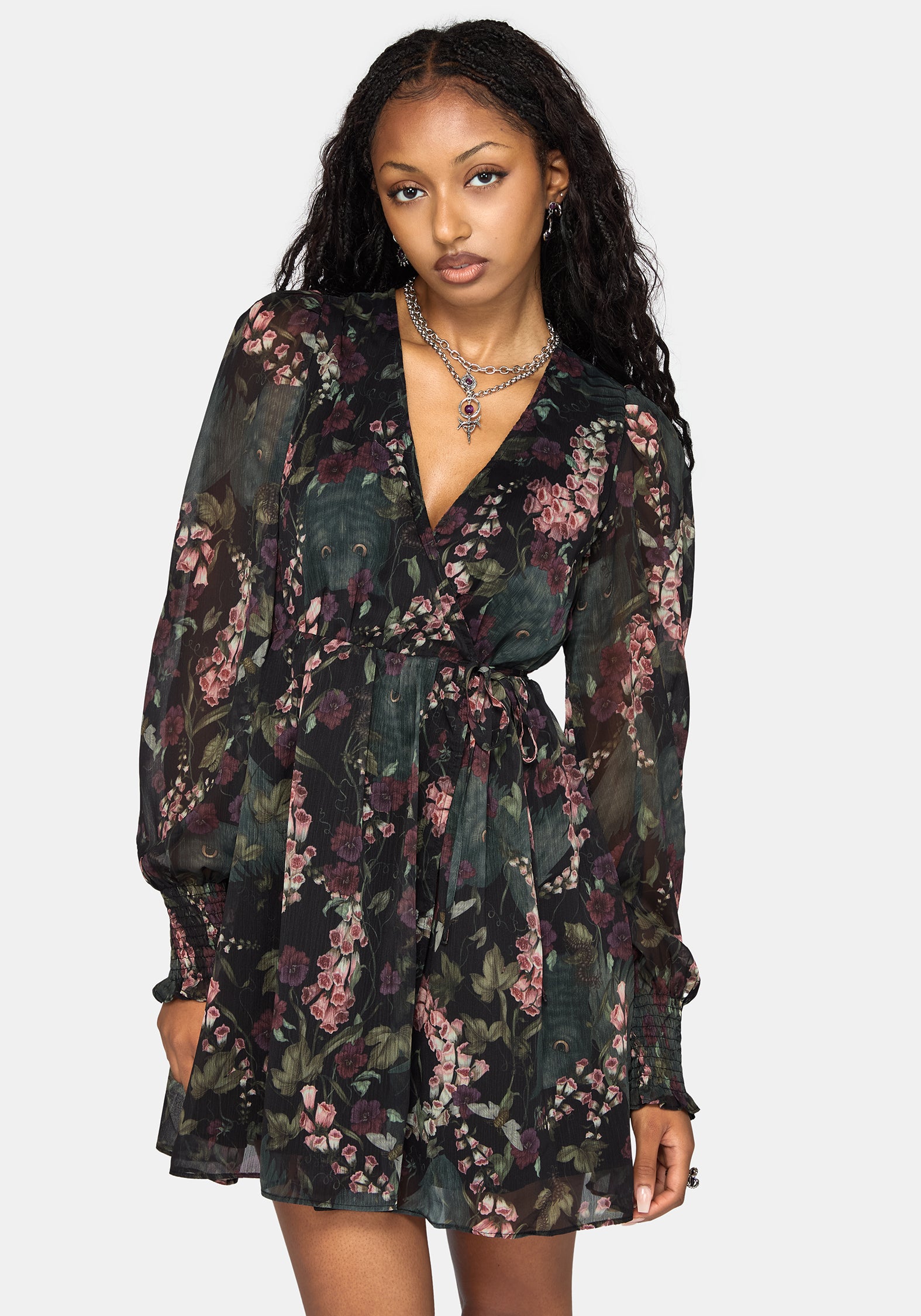 Noctua Chiffon Wrap Long Sleeve Mini Dress