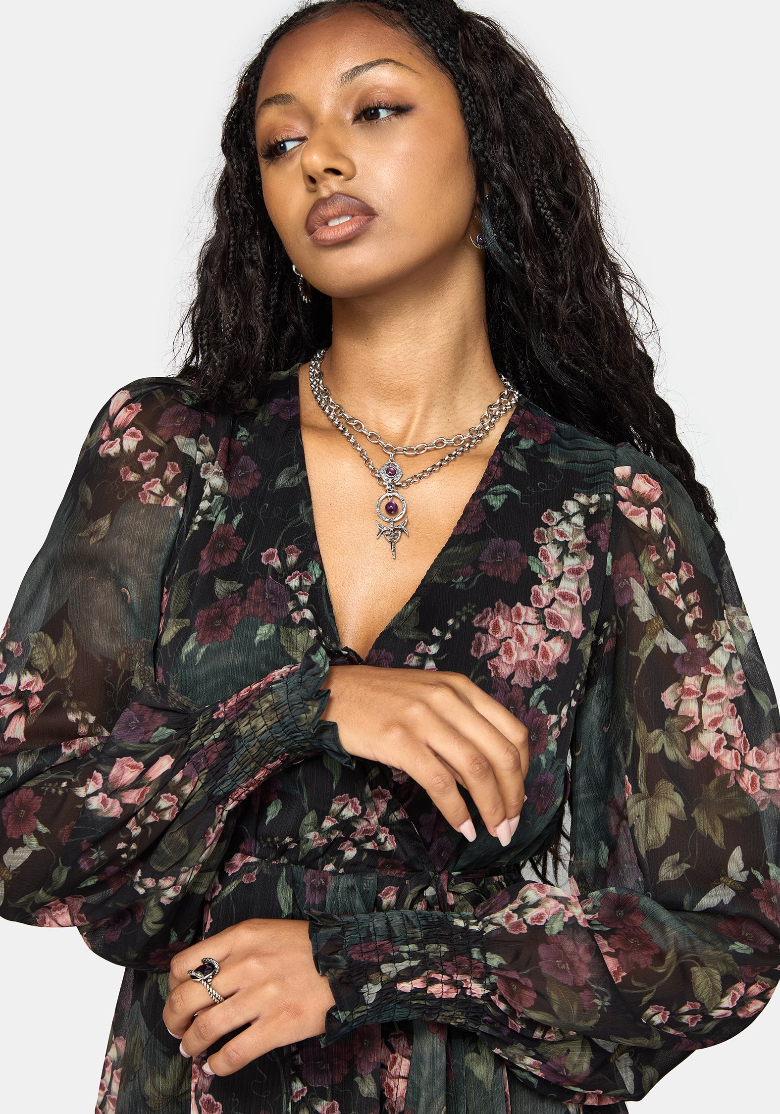Noctua Chiffon Wrap Long Sleeve Mini Dress