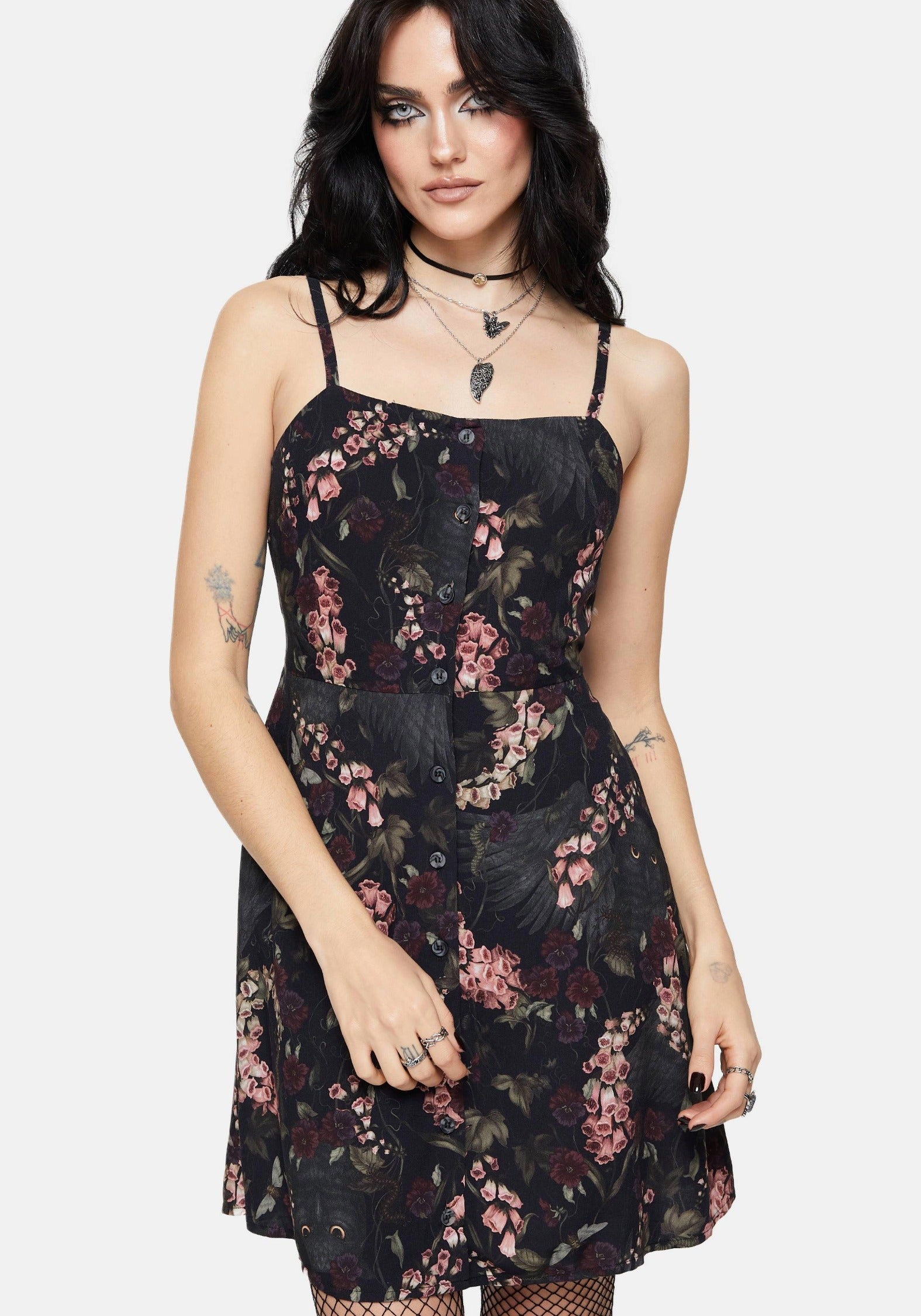 Noctua Eule Fingerhut Bedruckt Knopf Hoch Cami Mini Kleid