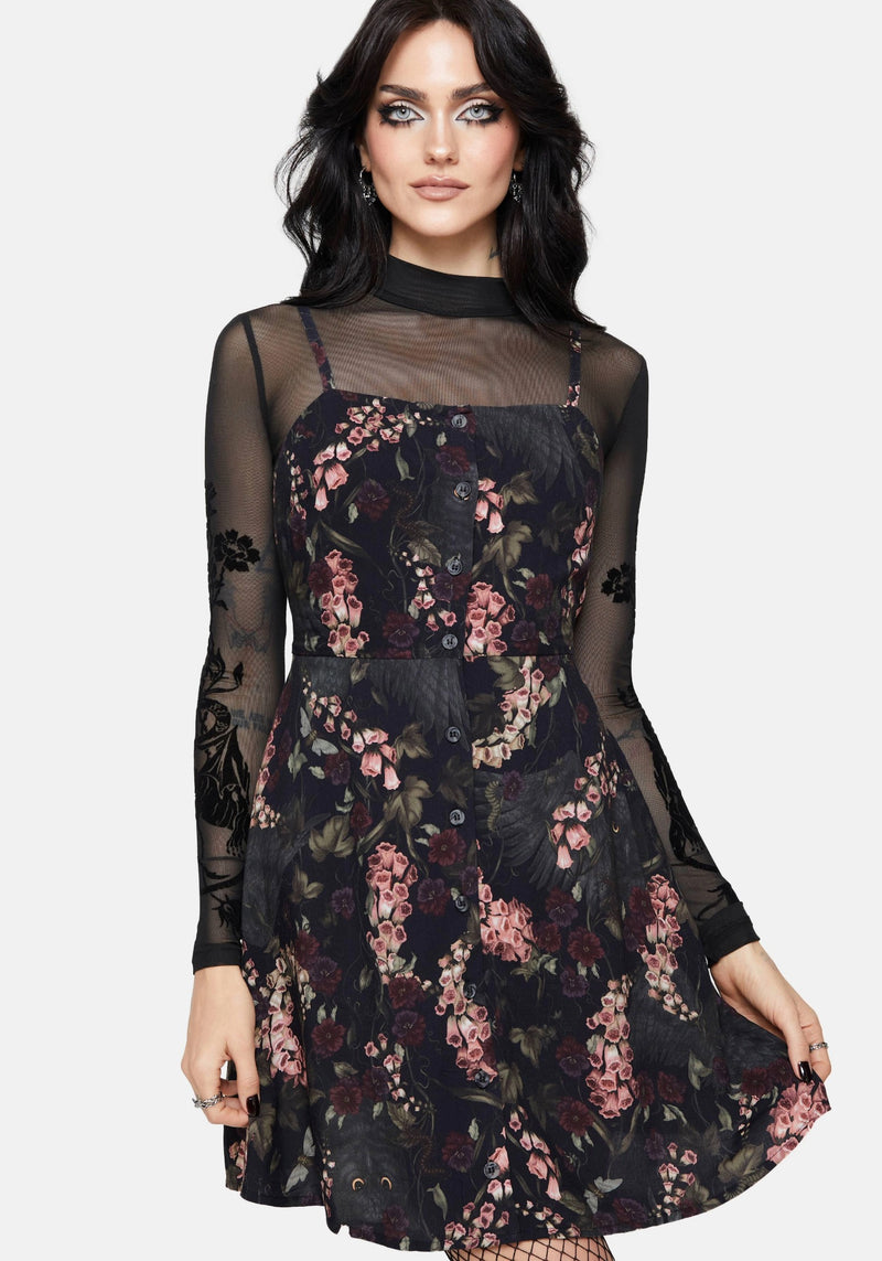 Noctua Midnight Owl Foxglove Printed Button Up Cami Mini Dress