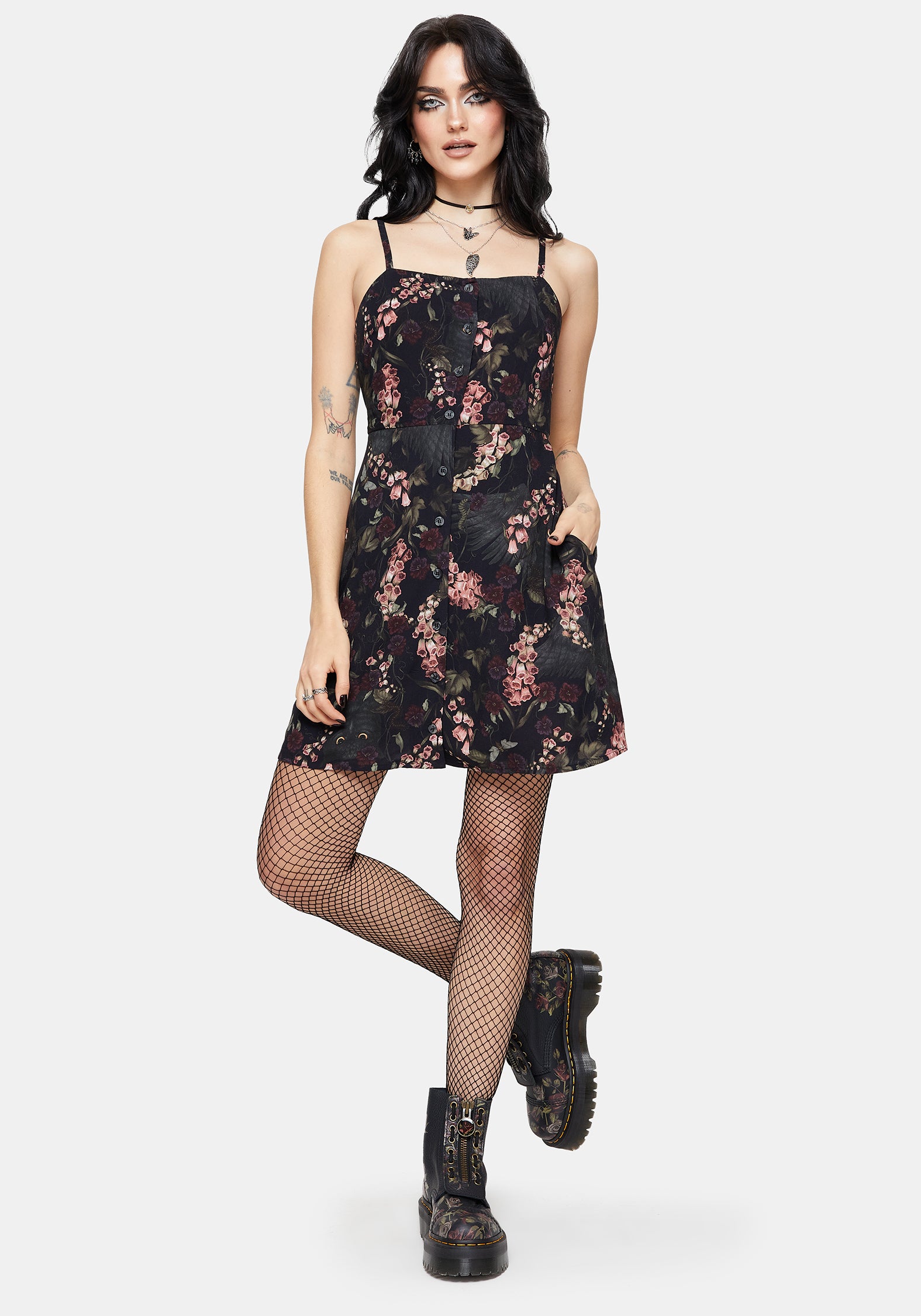 Noctua Eule Fingerhut Bedruckt Knopf Hoch Cami Mini Kleid