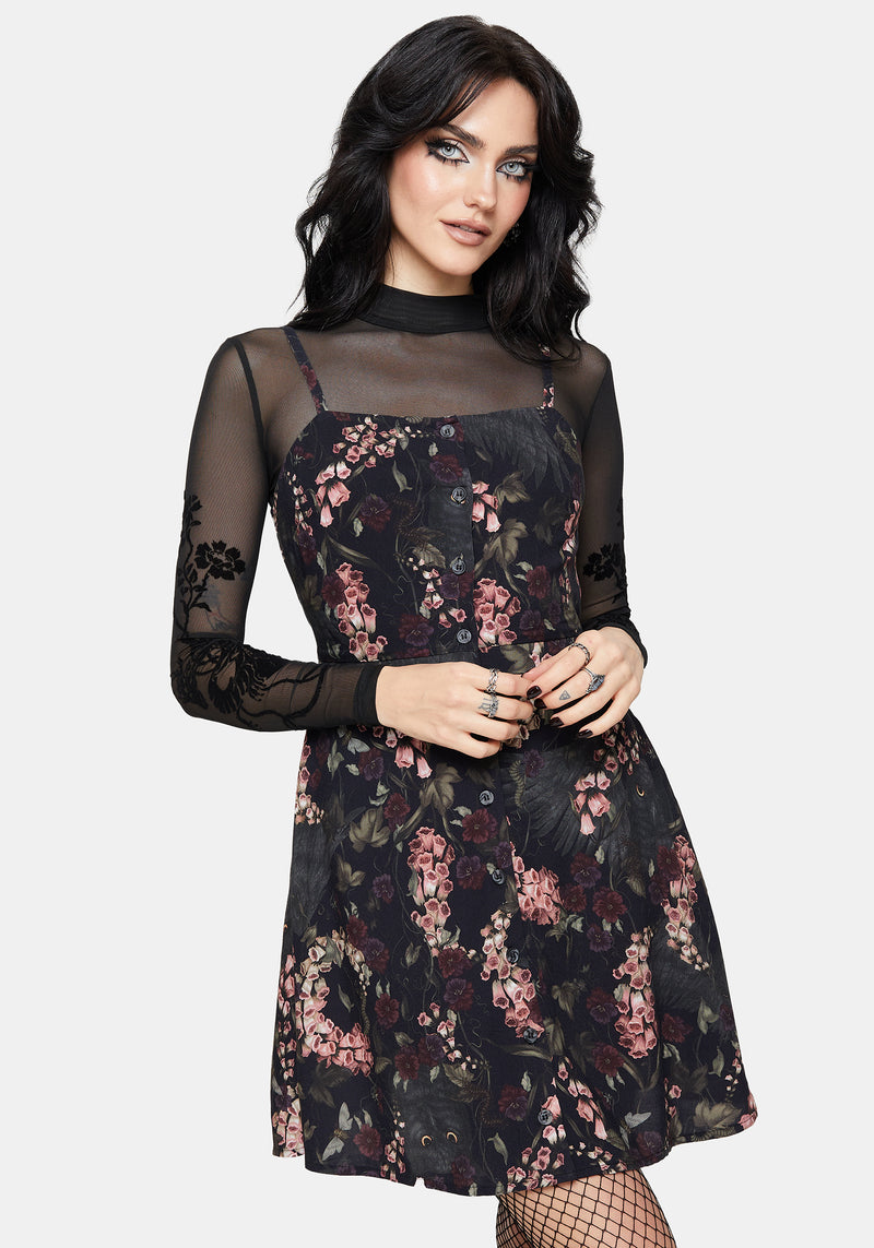 Noctua Midnight Owl Foxglove Printed Button Up Cami Mini Dress