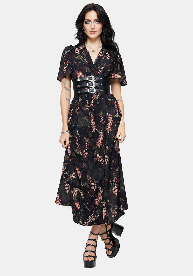 Noctua Midnight Owl Foxglove Printed Wrap Midaxi Shirt Dress