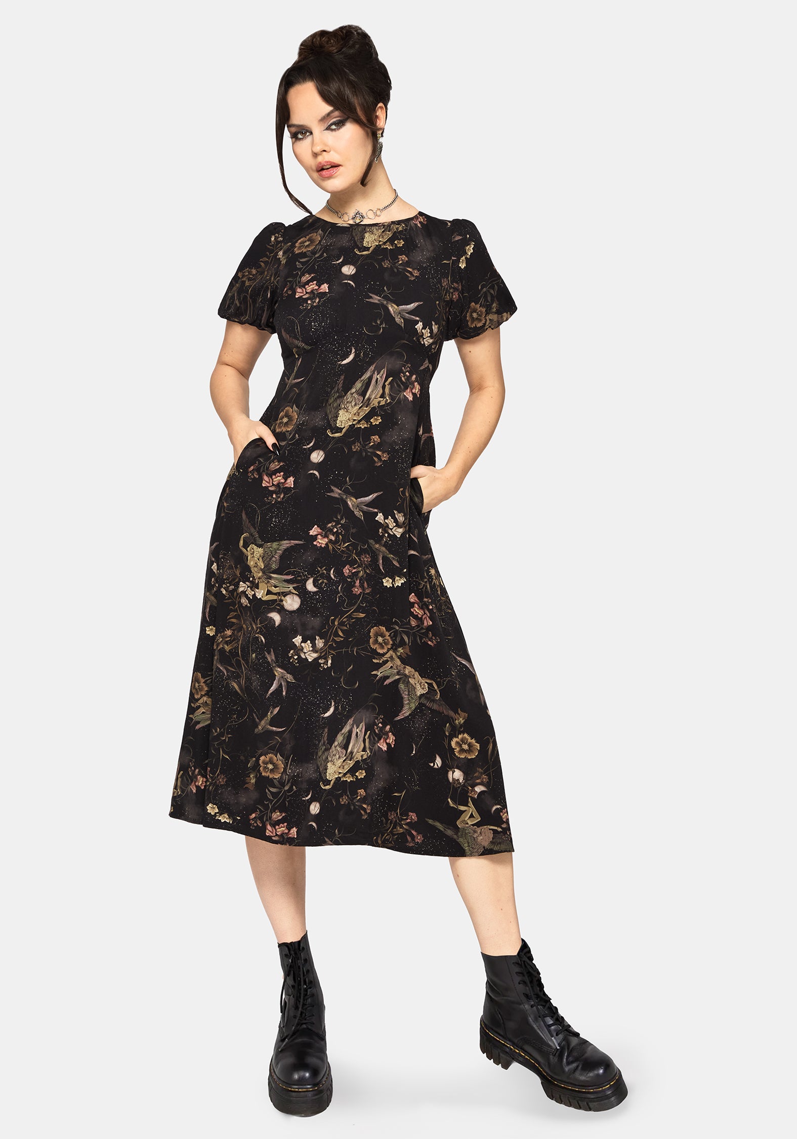 Harpyiai Druck Puffärmel Ärmel Midi Kleid