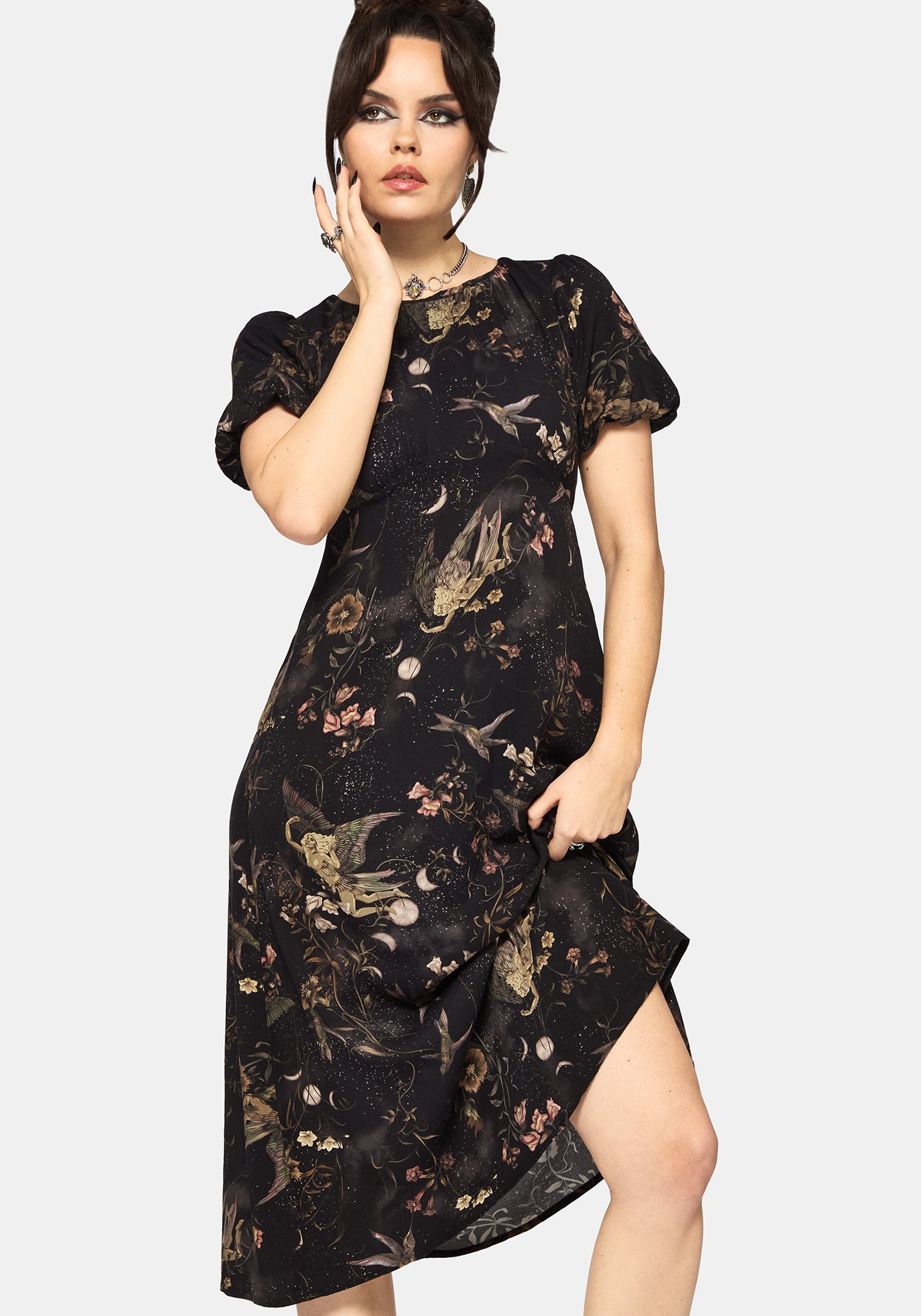 Harpyiai Druck Puffärmel Ärmel Midi Kleid