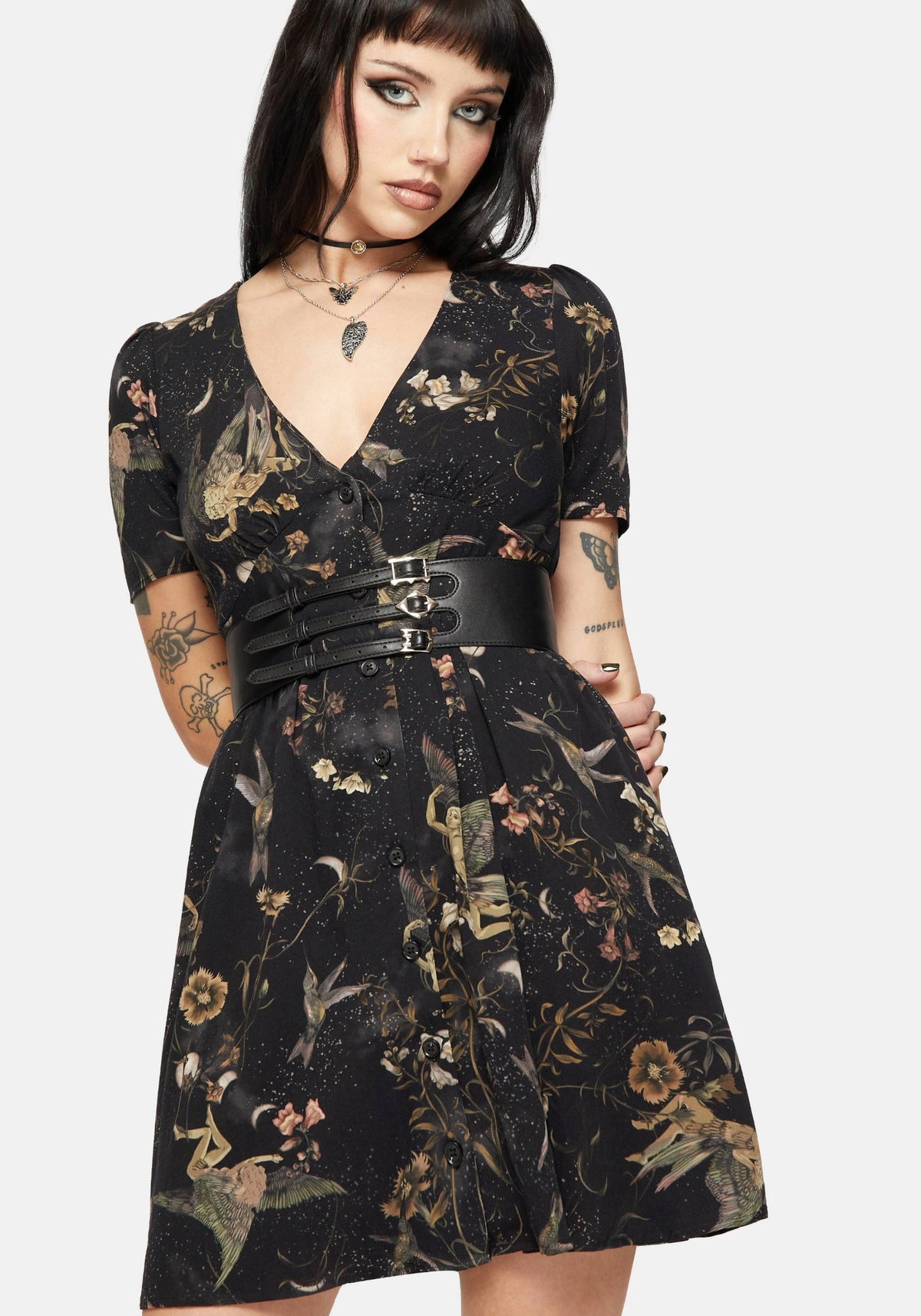 Harpyiai Druck Knopf Hoch Mini Kleid