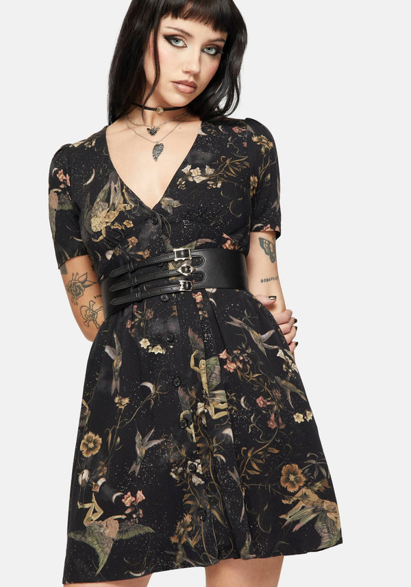 Harpyiai Druck Knopf Hoch Mini Kleid