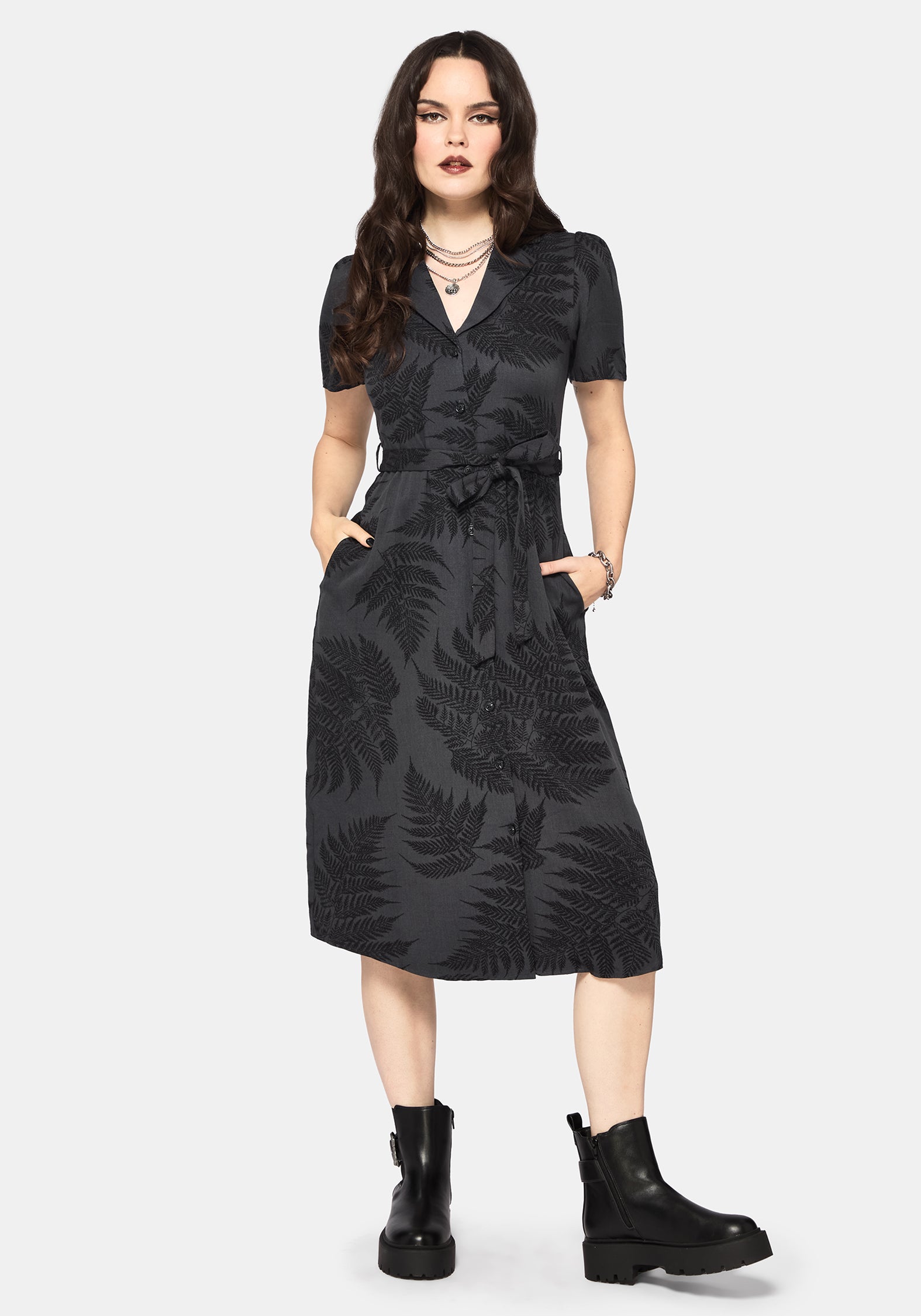 Ruin Farn Bedruckt Knopf Hoch Midi Hemd Kleid - Grau