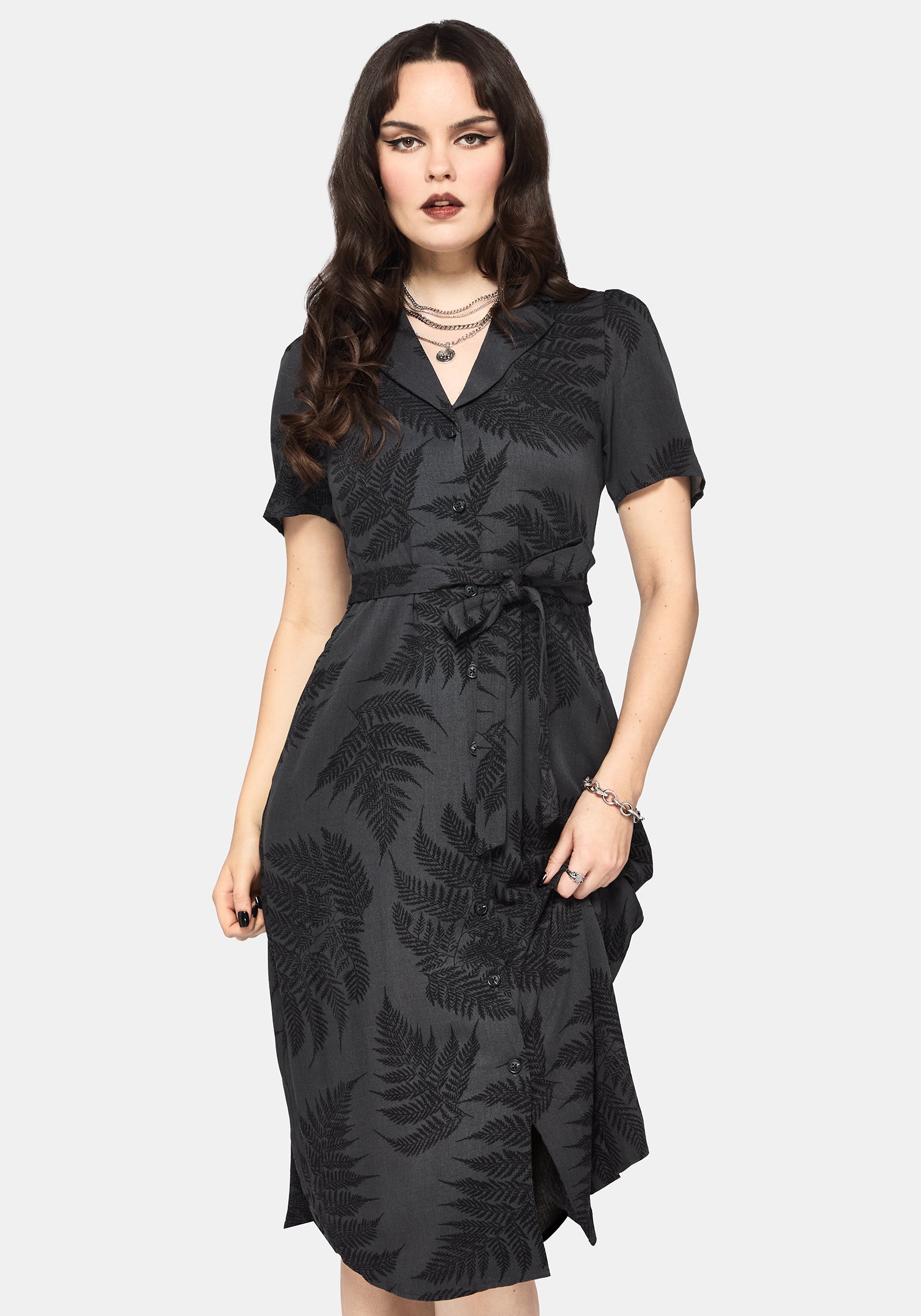 Ruin Farn Bedruckt Knopf Hoch Midi Hemd Kleid - Grau