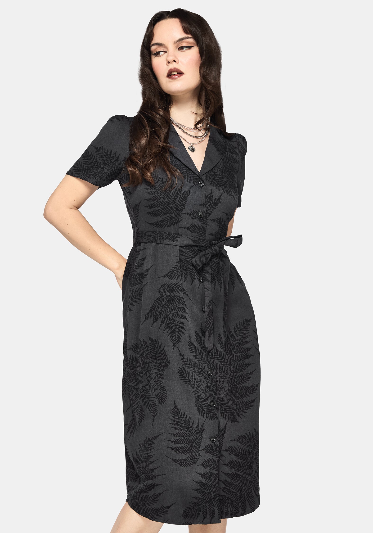 Ruin Farn Bedruckt Knopf Hoch Midi Hemd Kleid - Grau