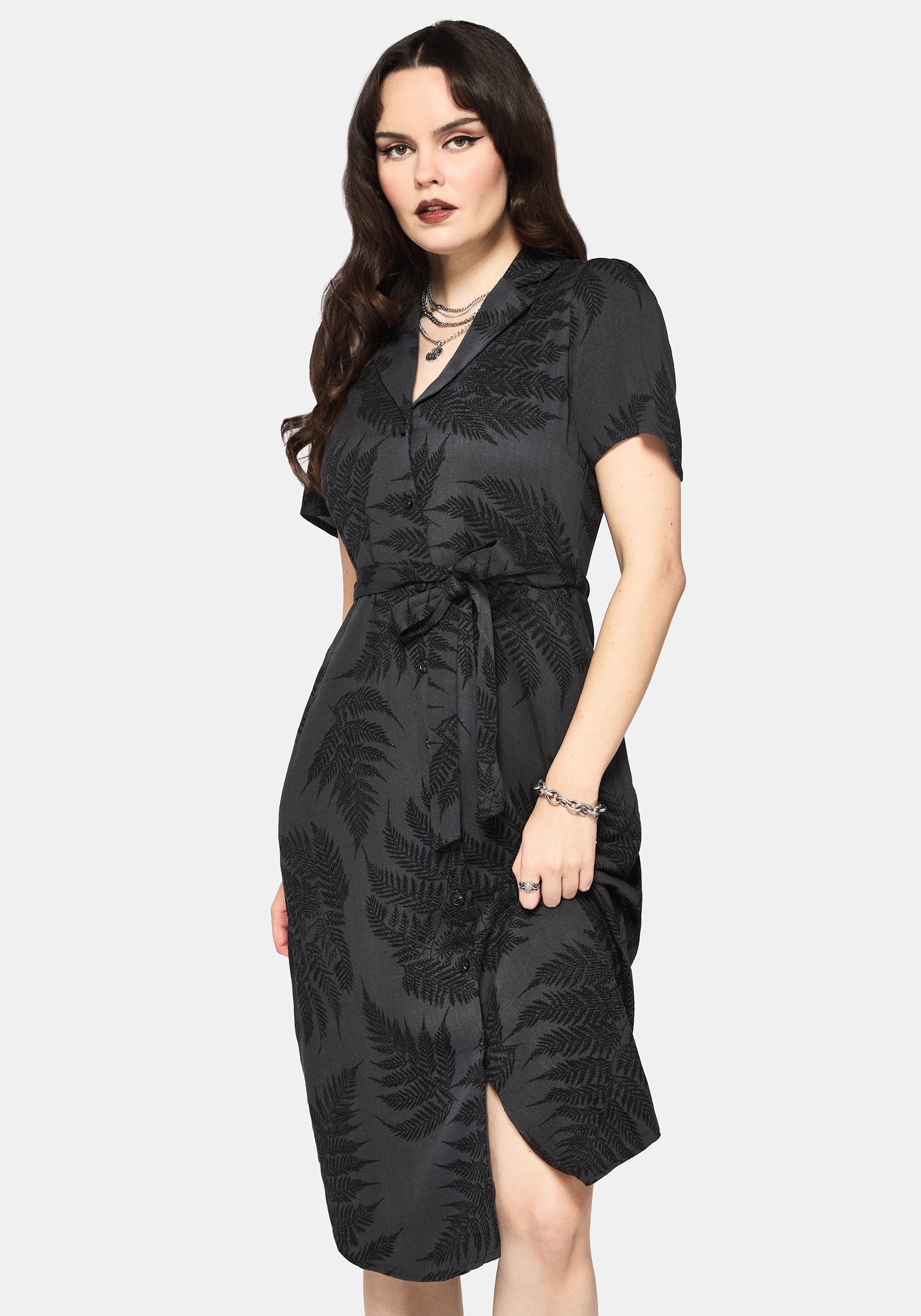 Ruin Farn Bedruckt Knopf Hoch Midi Hemd Kleid - Grau