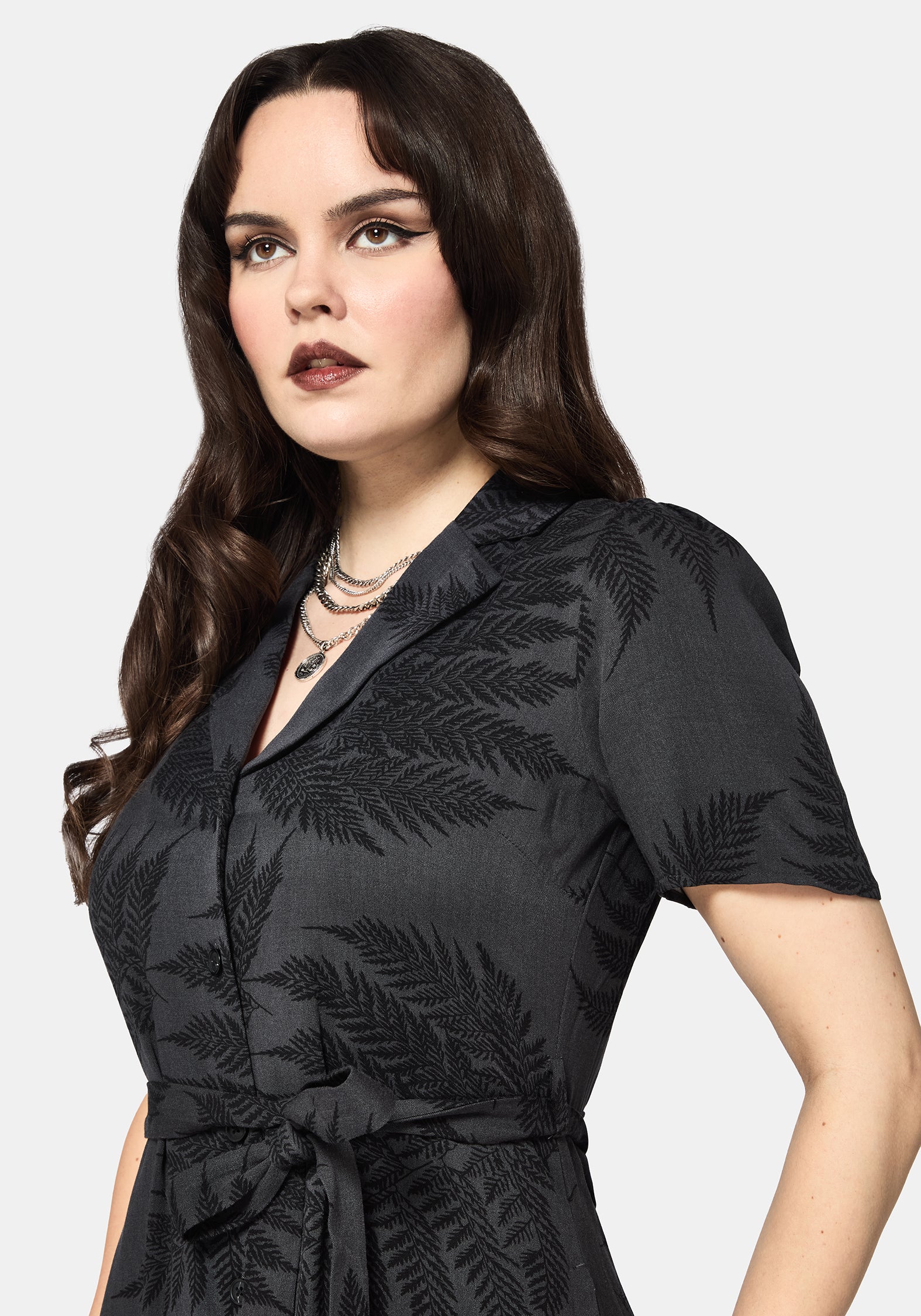 Ruin Farn Bedruckt Knopf Hoch Midi Hemd Kleid - Grau