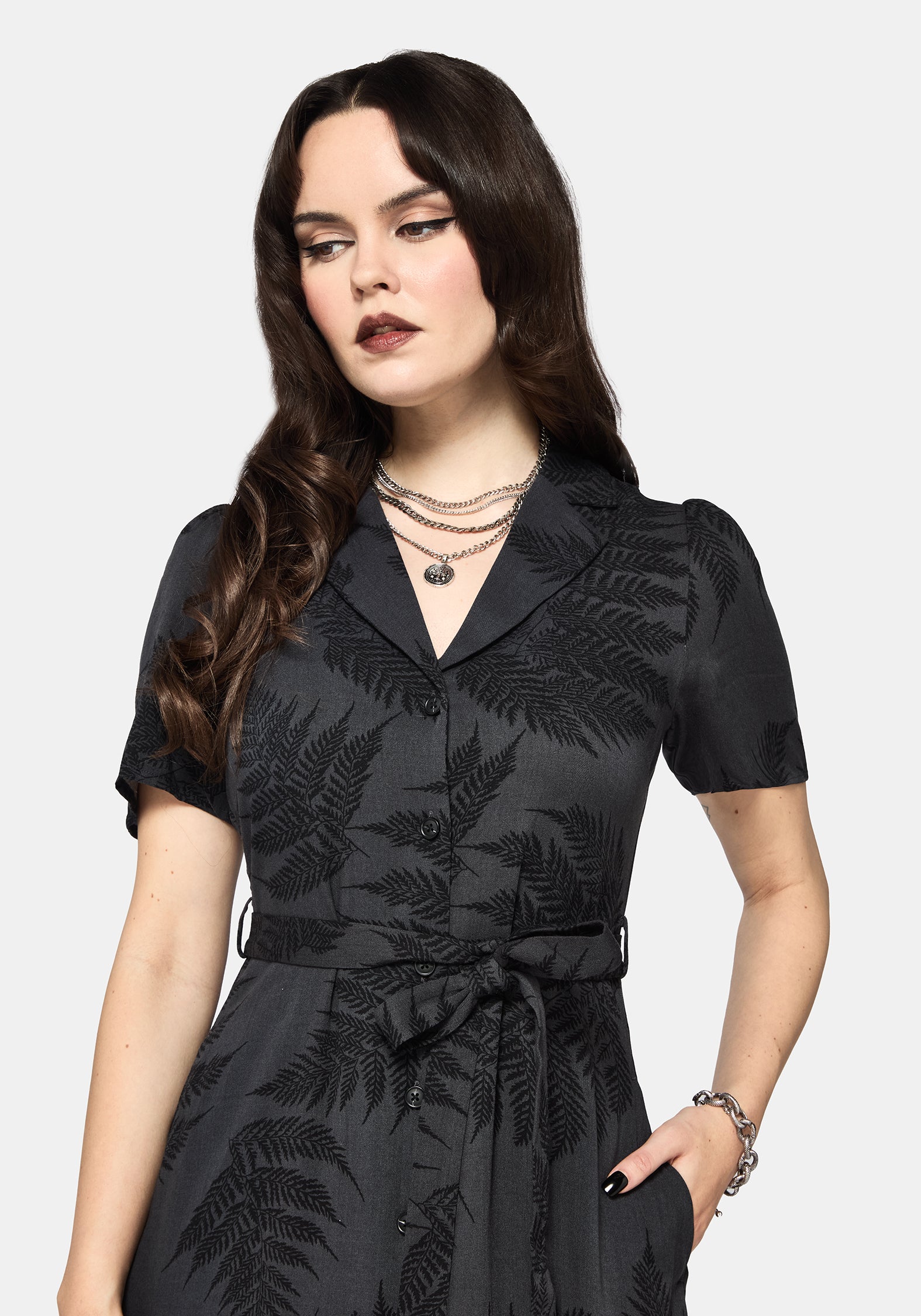 Ruin Farn Bedruckt Knopf Hoch Midi Hemd Kleid - Grau
