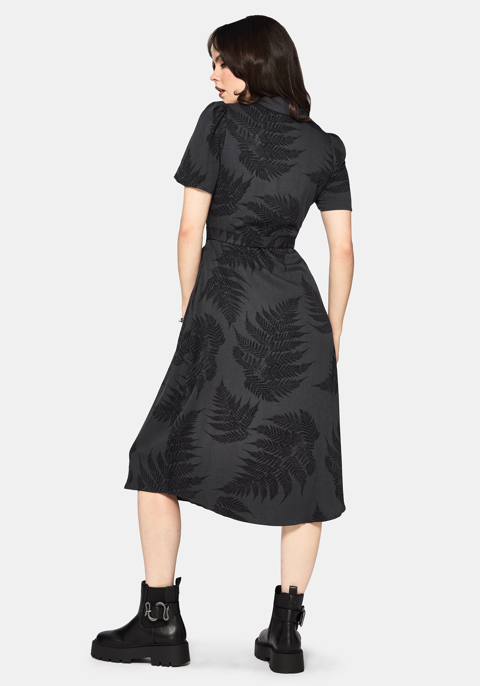 Ruin Farn Bedruckt Knopf Hoch Midi Hemd Kleid - Grau