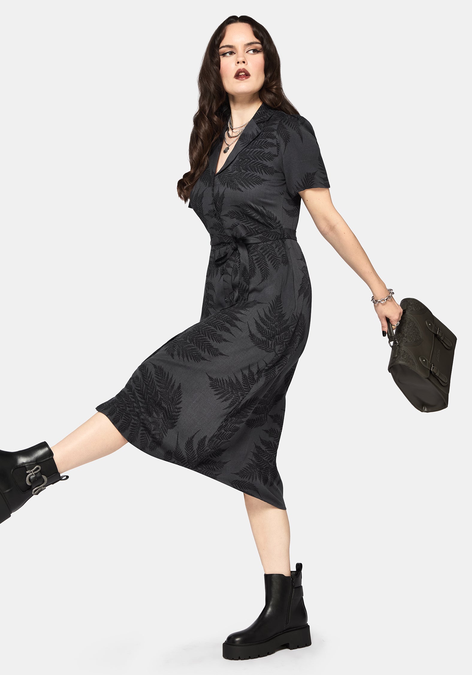 Ruin Farn Bedruckt Knopf Hoch Midi Hemd Kleid - Grau