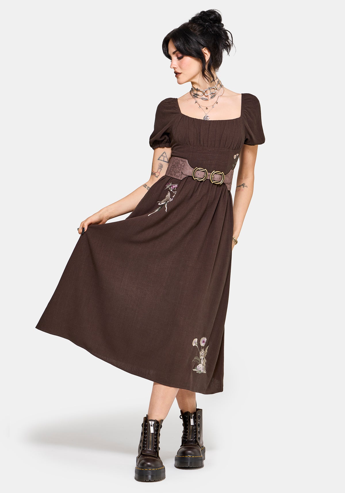 Faela Fairy Embroidered Milkmaid Ruched Midi Dress EU 34