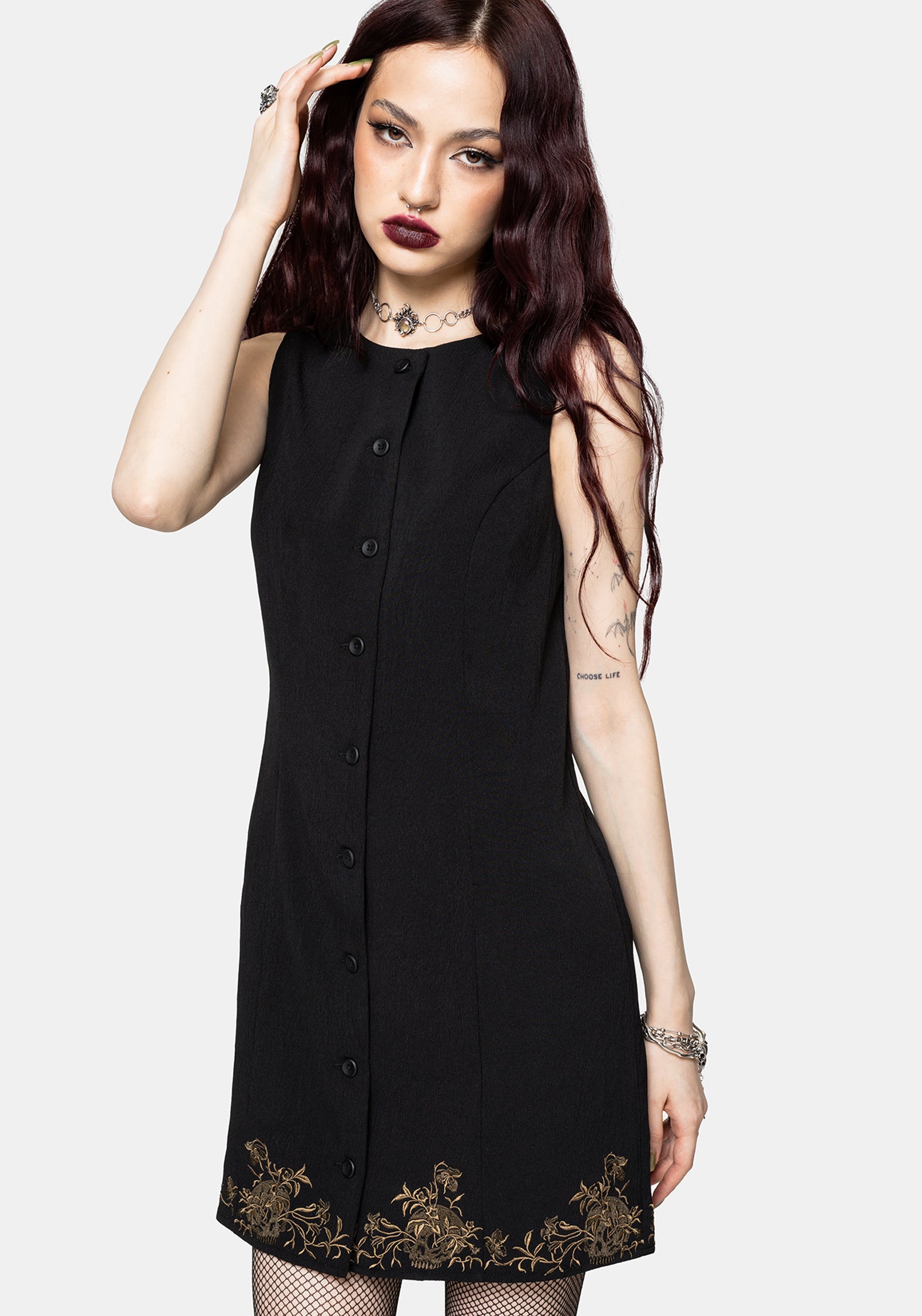 Ismay Vine Bestickt Saum Knopf Hoch Mini Kleid