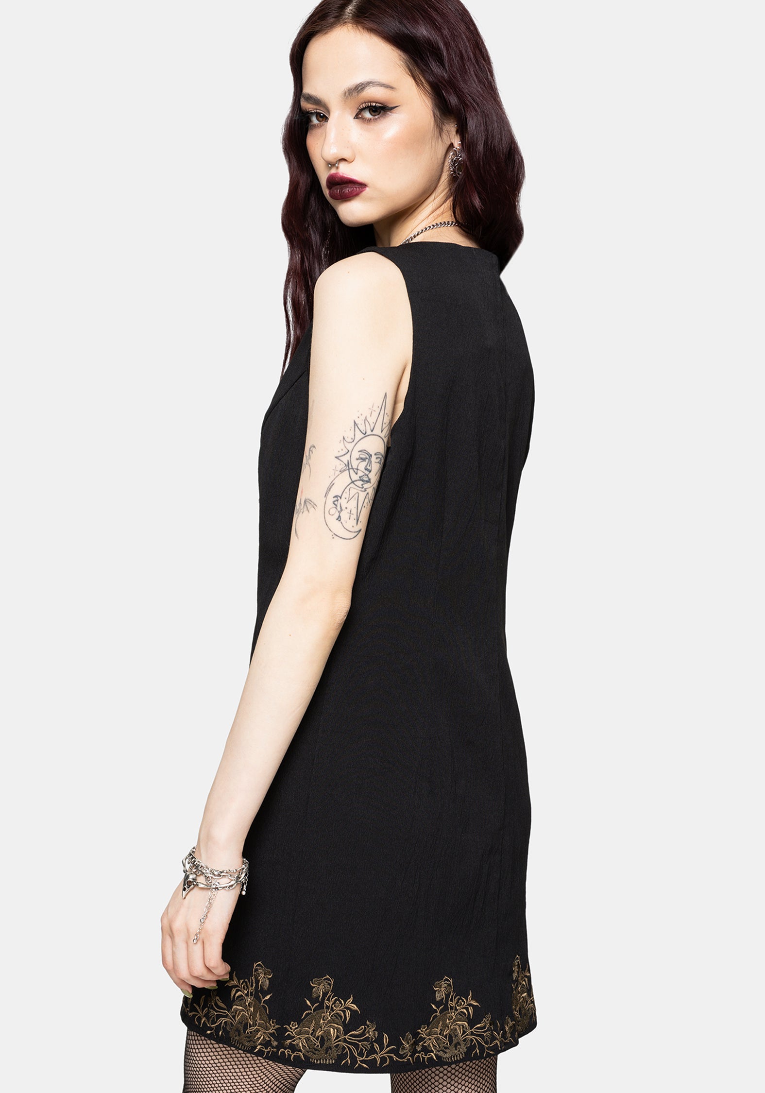Ismay Vine Bestickt Saum Knopf Hoch Mini Kleid