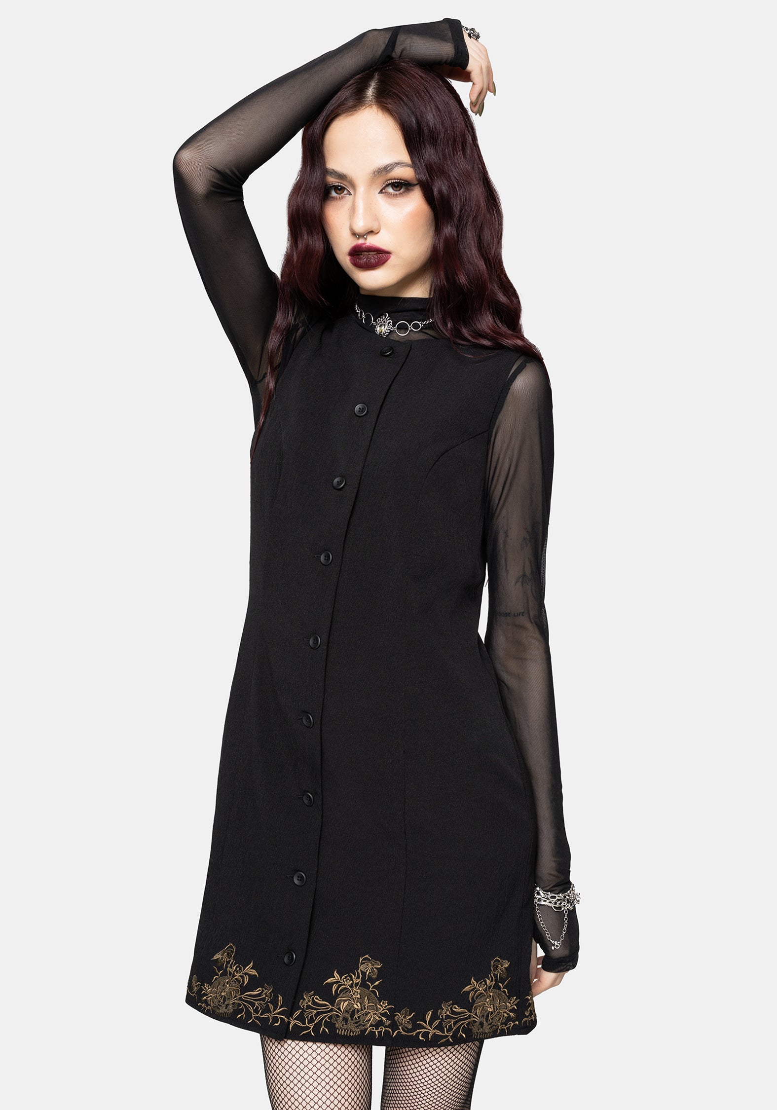 Ismay Vine Bestickt Saum Knopf Hoch Mini Kleid