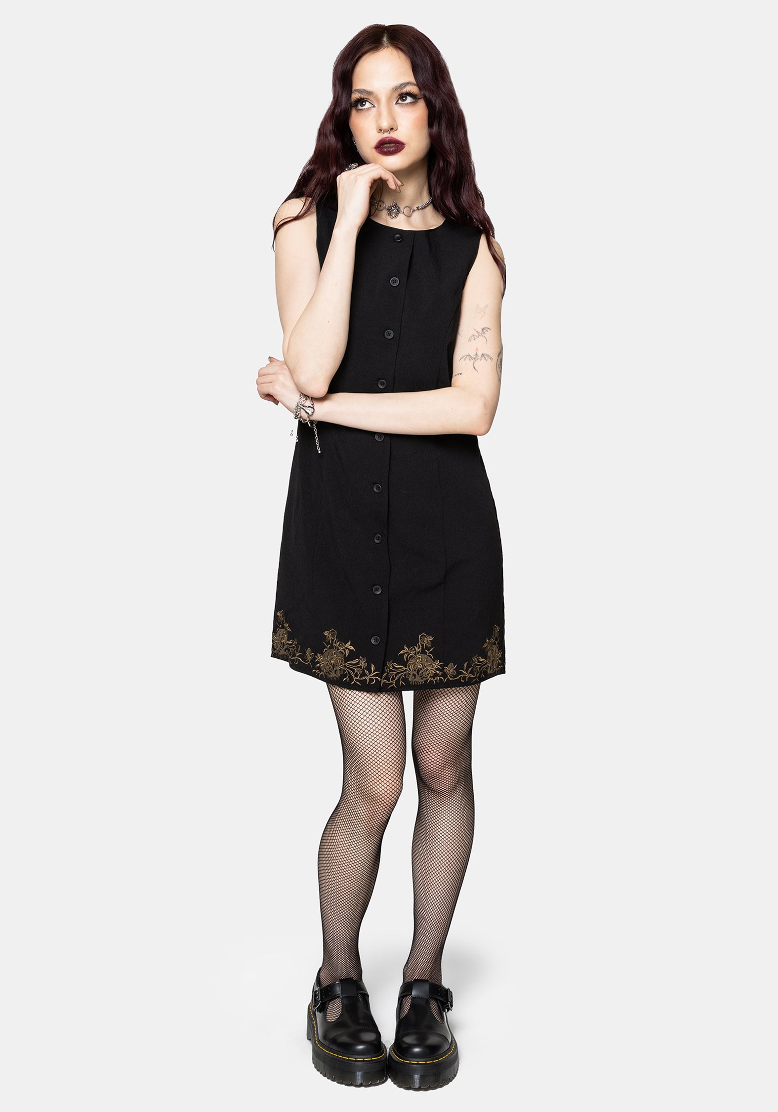 Ismay Vine Bestickt Saum Knopf Hoch Mini Kleid